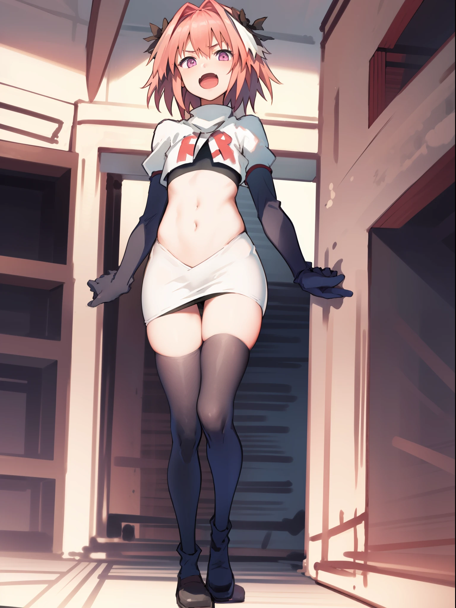 absurdres, masterpiece, best quality, (astolfo fate:1.2155), 1boy, male focus, trap, pink multicolored hair, pink hair, white hair, hair intakes, long hair, pink detailed eyes, crossdressing,1boy, team rocket,team rocket uniform, red letter R, white skirt,white crop top,black thigh-highs,black elbow gloves