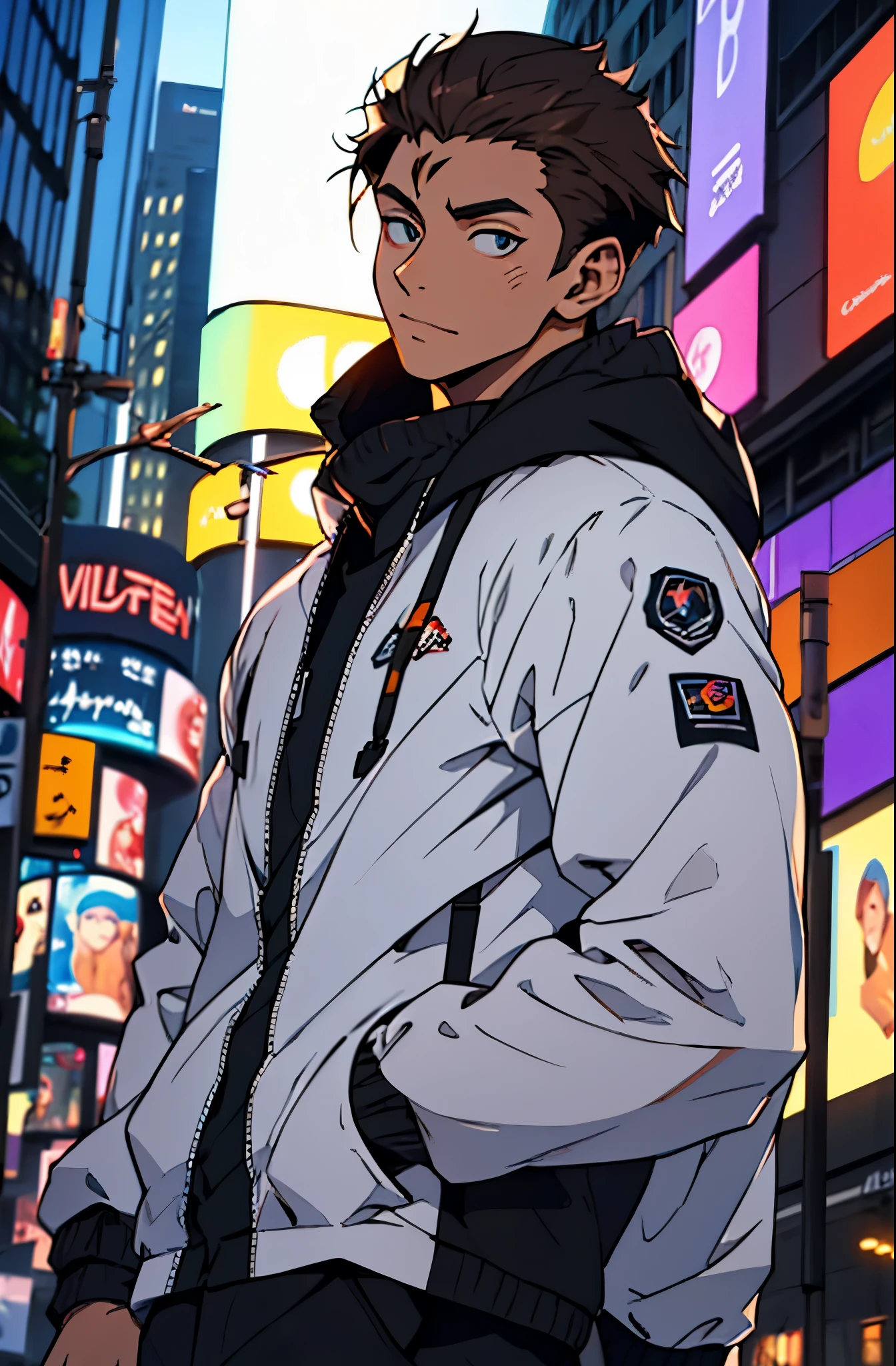 A mais alta qualidade, 8K, image high resolution, good ilumination, sombras detalhadas, Detailed strokes, no meio de uma avenida movimentada estilo Times Square de noite , inverno, apoiado em um dos postes, adolecente, Yuji Itadori, Dark Brown Hair , pele muito branca, Wearing a cold jacket , masculo , Tight chest in jacket , (angulo de baixo), (Angulo de Perto), pernas definidas, defined arms, com a camisa,