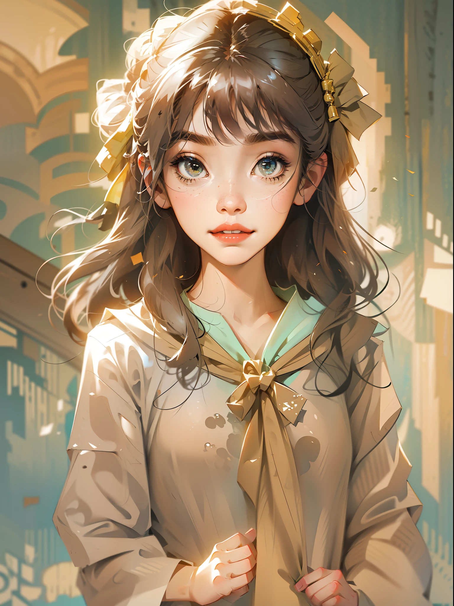 Create an image of a girl similar to Yui Arakaki. Focus especially on the atmosphere around the eyes and the style of the hair, and draw a person who has a similar impression to her. Also, incorporate a bright smile or graceful expression similar to hers. You can arrange your clothes and backgrounds freely, but please express her cleanliness and natural charm.