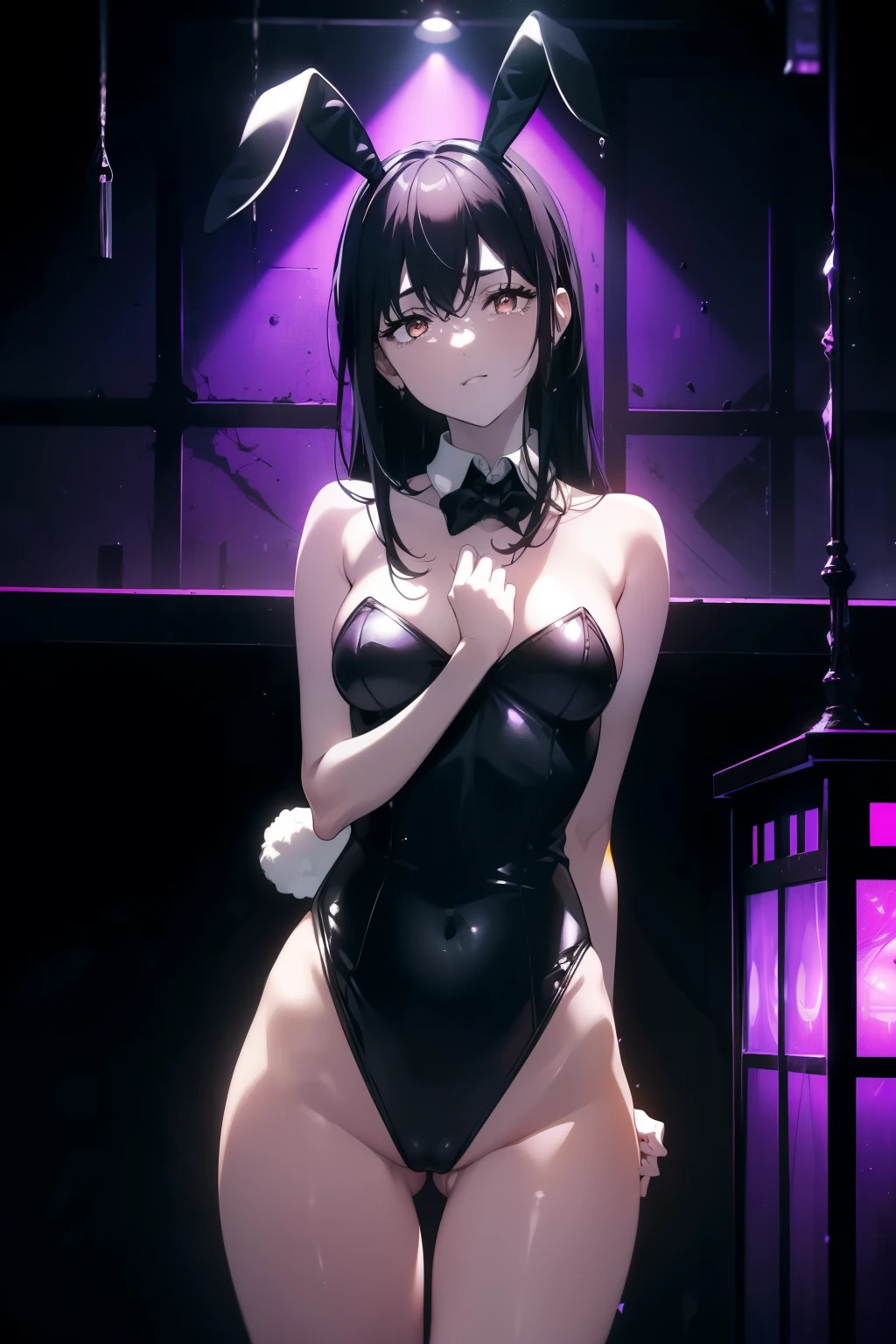 ((((Obra maestra, La mejor calidad, ultrahigh resolution)))), 1girl, standing, leotard, bunny girl, ((small black floppy bunny ears in full view:1)), ((floppy bunny ears)), ((black hair, dark black hair over eye:1)), (wide shot), long hair cut, pale skin, ((brown eyes)), glowing_eyes, neon eyes, (ultra detailed eyes:0.7, beautiful and detailed face, detailed eyes:0.9), ((centered)), smile, ((wide shot)), (((indoor club background, purple and black lights))), medium breasts, looking at viewer, ((half closed eyes)), ((perfect hands)), (((floppy black bunny ears:1, arms, hips in view, elbows, thighs, in view))), ((hand pulling off clothing)), empty eyes, beautiful lighting, outside, outdoors, background, defined subject, 25 years old, (head tilt), (((cool))),