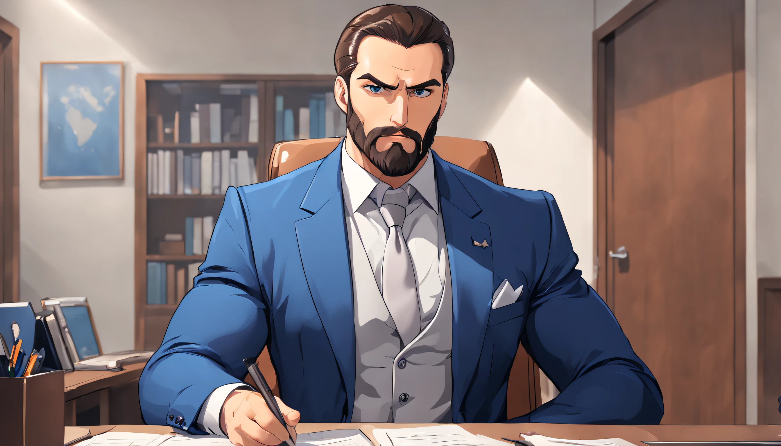 A young student named ((((argo)))) ((athletic)),muscular, with brown beard and slicked back hair, (intense, piercing) angry eyes, (strong, masculine), blue suit, thick neck ((cartoon)) is in a expensive elegant office