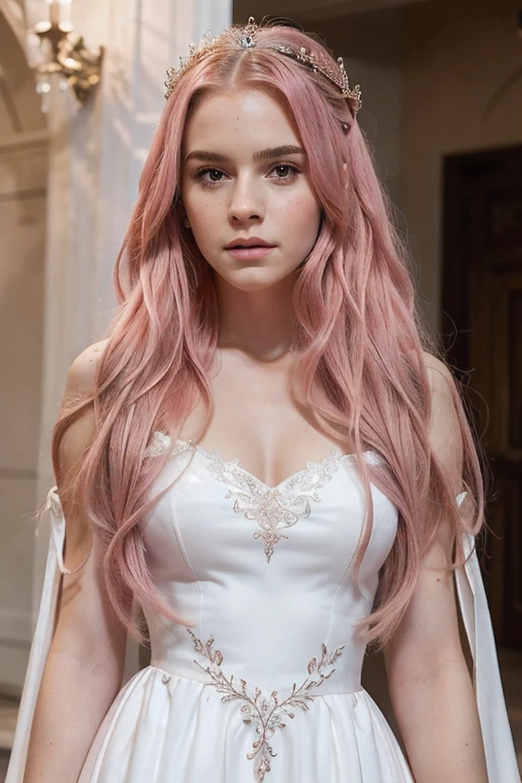 full body portrait of a 18 year old young woman with striking pink hair, , ava max, with pink hair, kailee mandel, long flowing pink hair, pink wispy hair, flowing pink hair, pink hair, light pink hair, long pink hair, long hair, curly hair, hair falling in loose on shoulders in a white dress walking in a white room, emma watson as the queen of , sorceress, queen, fantasy long intricate gown, the queen, fantasy dress, queen of and storm, wearing fantasy formal clothing, princess, queen of winter, winter princess, goddess of winter, ((a beautiful fantasy empress)), 8k, instagram trending, ultra realistic, beautiful, high detailed face, white room, white dress