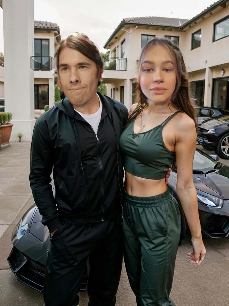 A guy stands with a very beautiful girl in a tracksuit, Luxury Living, billionaires, barnhouse and green Lamborghini Huracan in the background