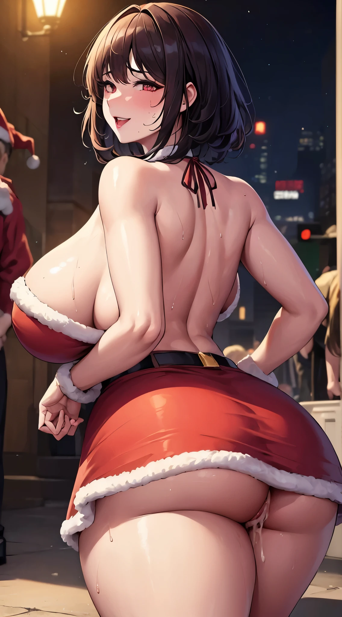 ,[ 4 k digital art ]!!,seductive anime woman,(long eyelash,eyeliner,red lips),(tareme),(from behind,back shot:1.3),(buttocks focus),(short curly hair),(plump body:1.3),huge buttocks,,clothed mature woman posing in crowded street,outdoor,crowds looking at woman,(clothed woman),(santa costume and mini skirt:1.3),(thick pubic hair:1.3),wet pussy,(aroused and happy:1.5),(wet brown pupils),crying,orgasm,(sweaty),look at viewer,(creampie:1.3),(curvy body:1.2),(trembling:1.3),excessive cum in pussy,(cum in pussy:1.3),heart-shaped,orgasm,from below,smile,