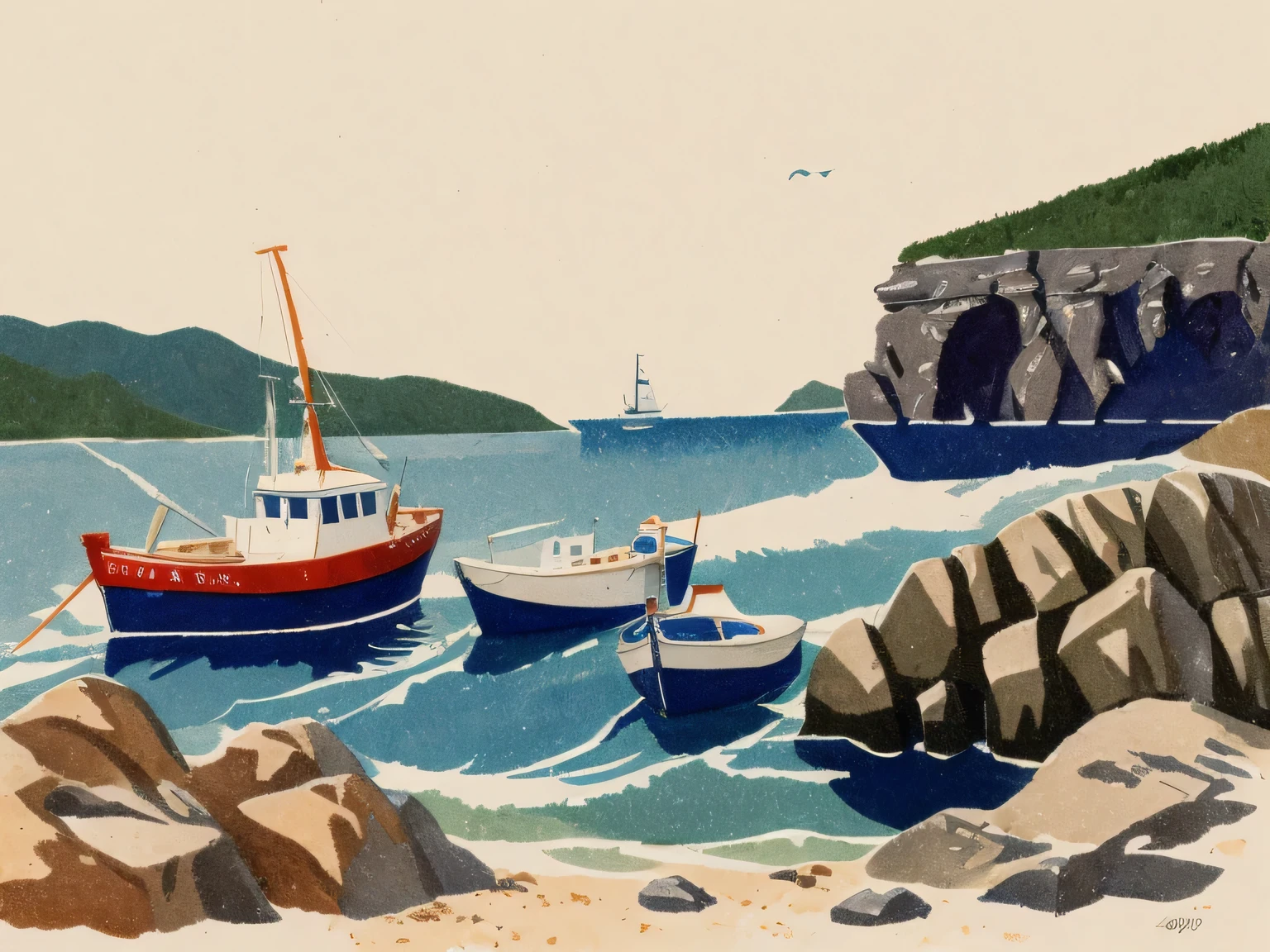 A highly detailed watercolor of some small fishing boats protected from the open ocean waves by an old harbor rock wall. Masterpiece, linocut, highly detailed, lovely composition, FML, watercolor, landscapes, nature, outdoors, art, style