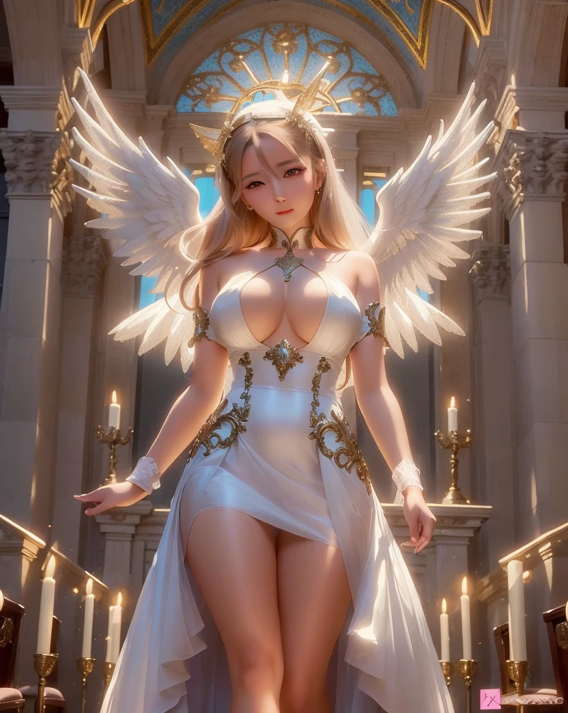 a woman in a dress with angel wings standing in front of a building, anime diosa, angel knight girl, full - body majestic angel, Arte detallado de alta calidad 8K, Artgerm extremadamente detallado, 2. 5 d cgi anime fantasy artwork, extremely detailed diosa shot, Hermosa y seductora mujer de anime, diosa. Detalle extremadamente alto, beautiful female angel, beautiful angel