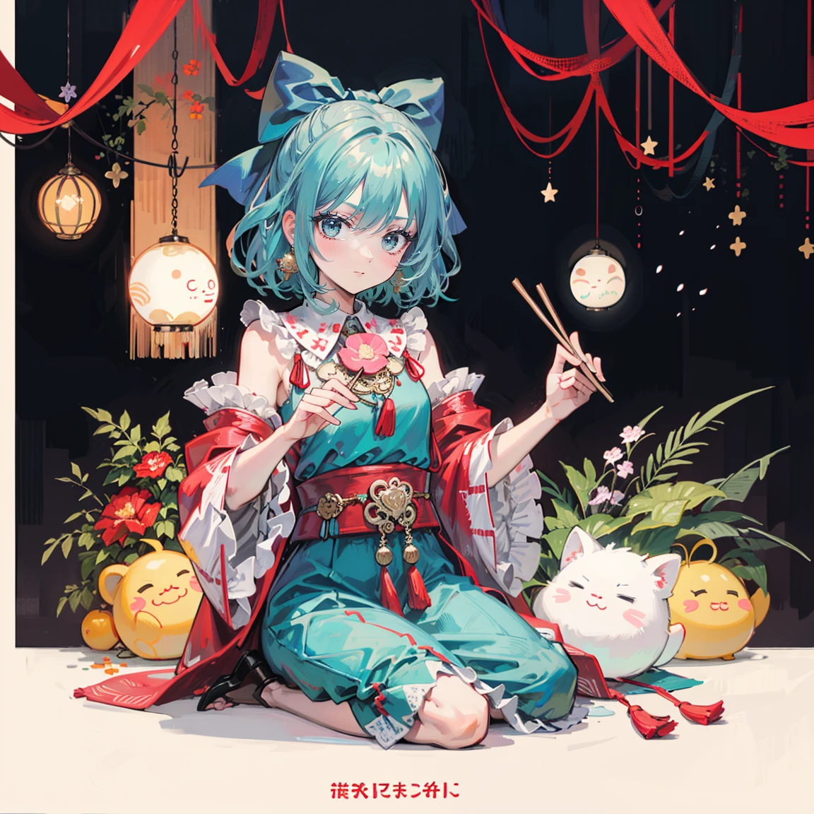 Young woman cheongsam illustration, masutepiece, Fine details, 4K, 8K, 12K, Solo, 1 person, Beautiful Girl, caucasian female, 7 、Lemilia Scarlet 、Light blue hair, short-hair、 red Cheongsam、Slit in clothes