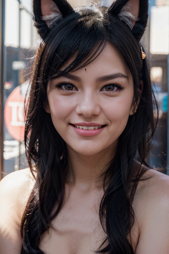 black hair, hair bobbles, wince, longeyelashes, solid circle eyes, fake animal ears, light smile, ear blush, fang, Surrealism, drop shadow, anaglyph, stereogram, tachi-e, pov, atmospheric perspective, 8k, super detail, ccurate, best quality