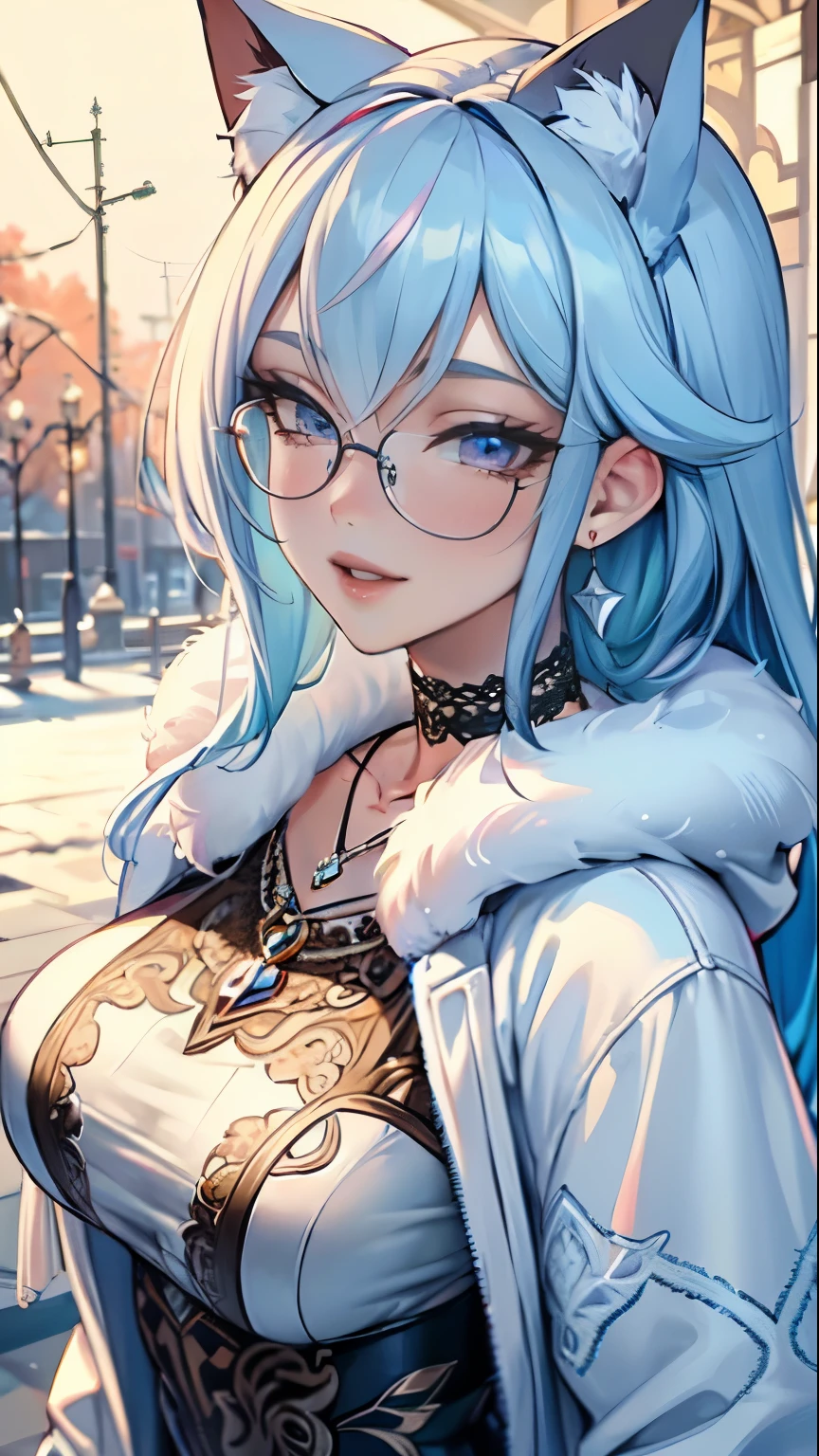 Masterpiece, beautiful art, professional artist, 8k, art style by sciamano240, very detailed face, very detailed hair, very detailed clothes, 1girl, perfectly drawn body, beautiful face, long hair, light blue hair , very detailed blue vertical cat eyes, square glasses, pouty lips , rosey cheeks, intricate details in eyes, extreme close up of face, see only head and neck, staring directly at viewer, wearing elegant winter clothes, sweater, winter coat, necklace, choker, earrings, gloves, pencil skirt, black tigh boots, wedding ring, big wide grin, in love with the viewer expression, sunny winter setting, walking outside, side view,