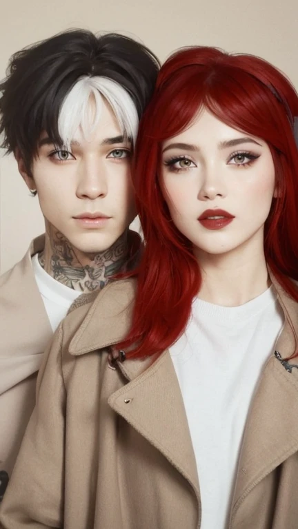 Sexy straight couple posing for the camera, la chica tiene los ojos color amarillo y cabello rojizo, contorno por la cara y cara finita, piel porcelana y blanca, la ceja con una cicatriz y rojas, cabello natural. El chico tiene el cabello negro con mechas blancas en la frente, ojos negros, tatuaje en el cuello, un ojo negro y el otro morado. El maquillaje de la chica es notorio y marcado, contorno, labios seductoras, mirada dominante