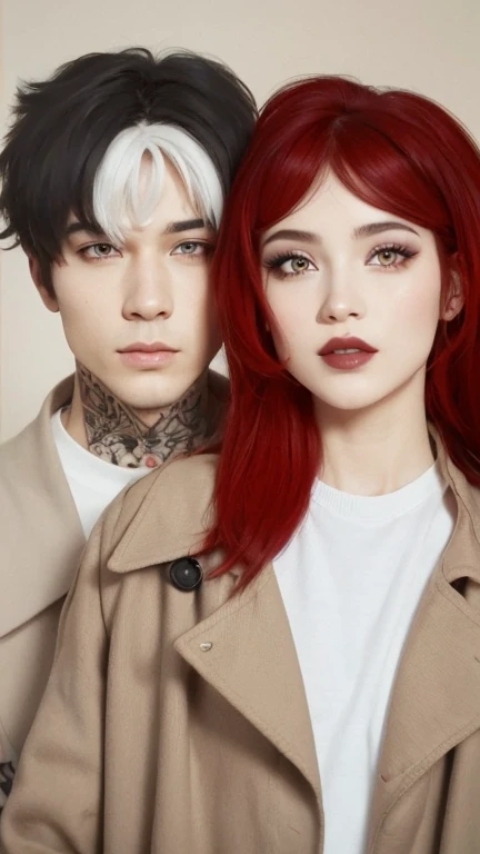 Sexy straight couple posing for the camera, la chica tiene los ojos color amarillo y cabello rojizo, contorno por la cara y cara finita, piel porcelana y blanca, la ceja con una cicatriz y rojas, cabello natural. El chico tiene el cabello negro con mechas blancas en la frente, ojos negros, tatuaje en el cuello, un ojo negro y el otro morado. El maquillaje de la chica es notorio y marcado, contorno, labios seductoras, mirada dominante