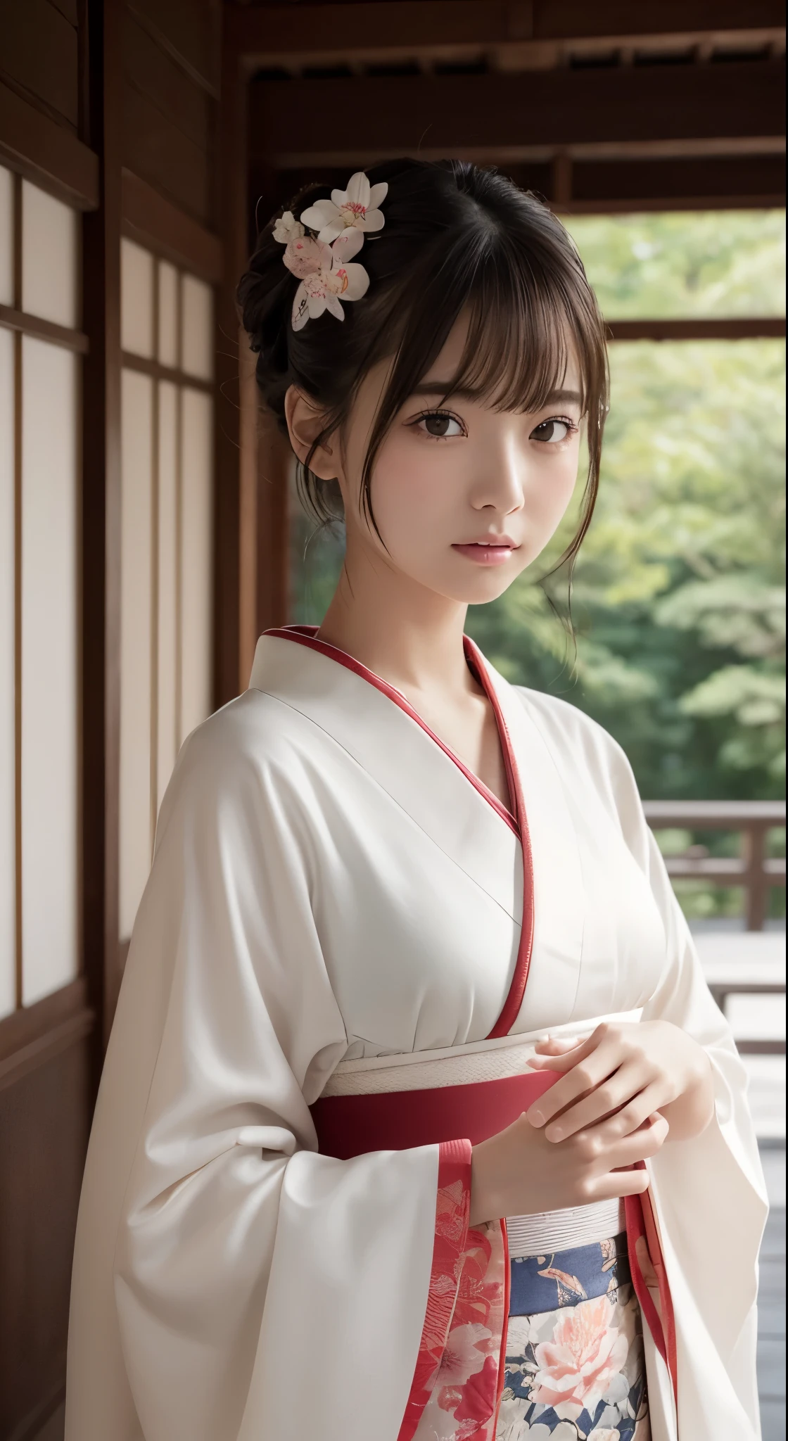 (Photorealsitic:1.4), (Top image quality:1.0), (超hight resolution:1.0), 8K, Raw photography, (masterpiece:0.2), (pureerosface_v1:0.5)、(Best Quality Detail:1.2)、realisitic、8K UHD、hight resolution、(1girl in:1.2)、The ultra-detailliert、High quality textures、intricate detailes、detaileds、非常detailedsなCG、High quality shadows、Detail Beautiful delicate face、Detail Beautiful delicate eyes、depth of fields、Ray traching,1girl in, japanaese girl, Cute, slender, Kimono with Japanese pattern,Floral scrunchie, Beautiful skin, Facing the front,Country of Japan,Japanese garden,Luxury Japanese-style room, skyporn, Magic Hour, (Realistic:1.3), 細かくdetailedsなプッシー, quality, (masutepiece:1.2), (Photorealsiticです:1.2), (Best Quality), (Intricate details), Dramatic, Ray tracing, photograph, +Lola