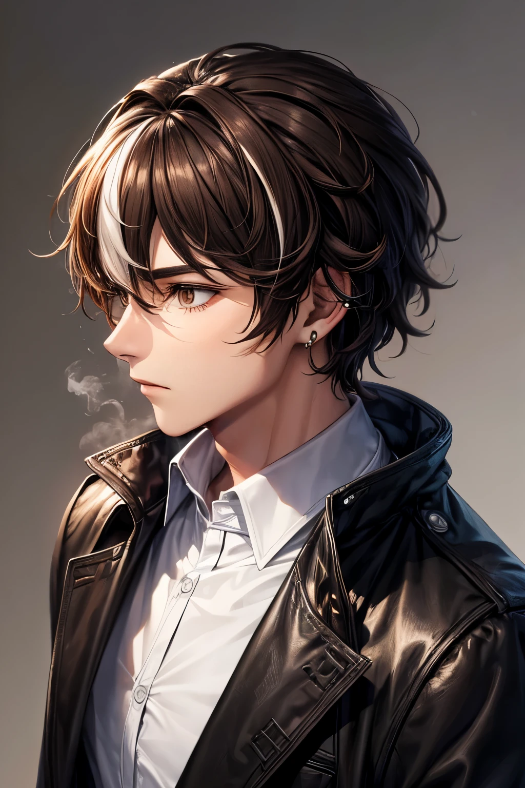 man, 20 years old, brown and white medium split hair, white streak, brown eyes, black overcoat, ear piercings