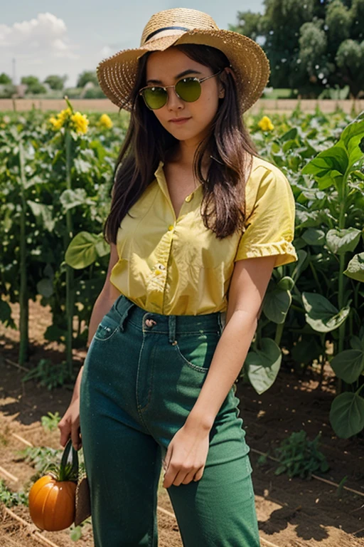 20 year old girl wearing  green denim trousers and yellow shirt straw hat sunglasses gardening, tomatoes growing in the field, pumpkins growing in the field, cauliflowers growing in the field, cucumbers growing in the field, gardening tools, toolshed, Victorian house, detailed face, beautiful asian face