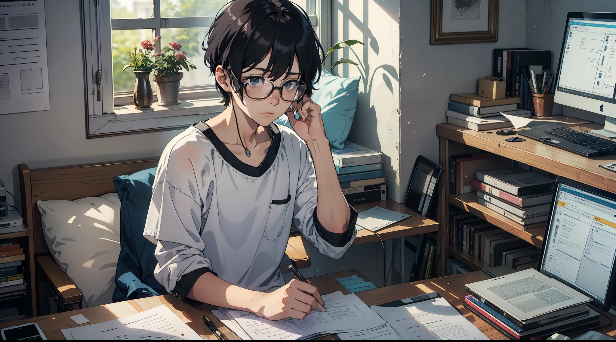 In the shabby room, a -yeld boith glasses, short black hair, shabby clothes, and a sad expression, sat in front of the computer, looking at the computer screen