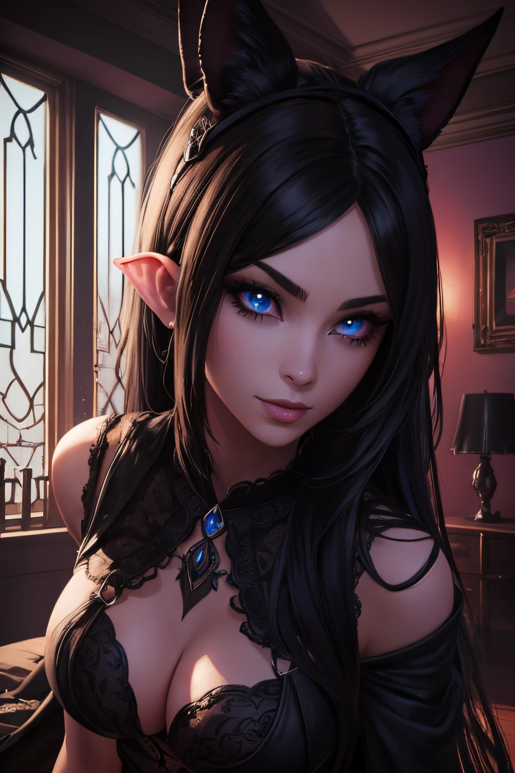 A highly detailed gothic dark elf girl in a bedroom, licking her lips, with George Pérez art style. The girl has a detailed face and eyes, as well as detailed hair. The image should be of the highest quality, with 8k resolution and a realistic and photorealistic look. The colors should be vivid, and the lighting should create a mysterious and alluring atmosphere.