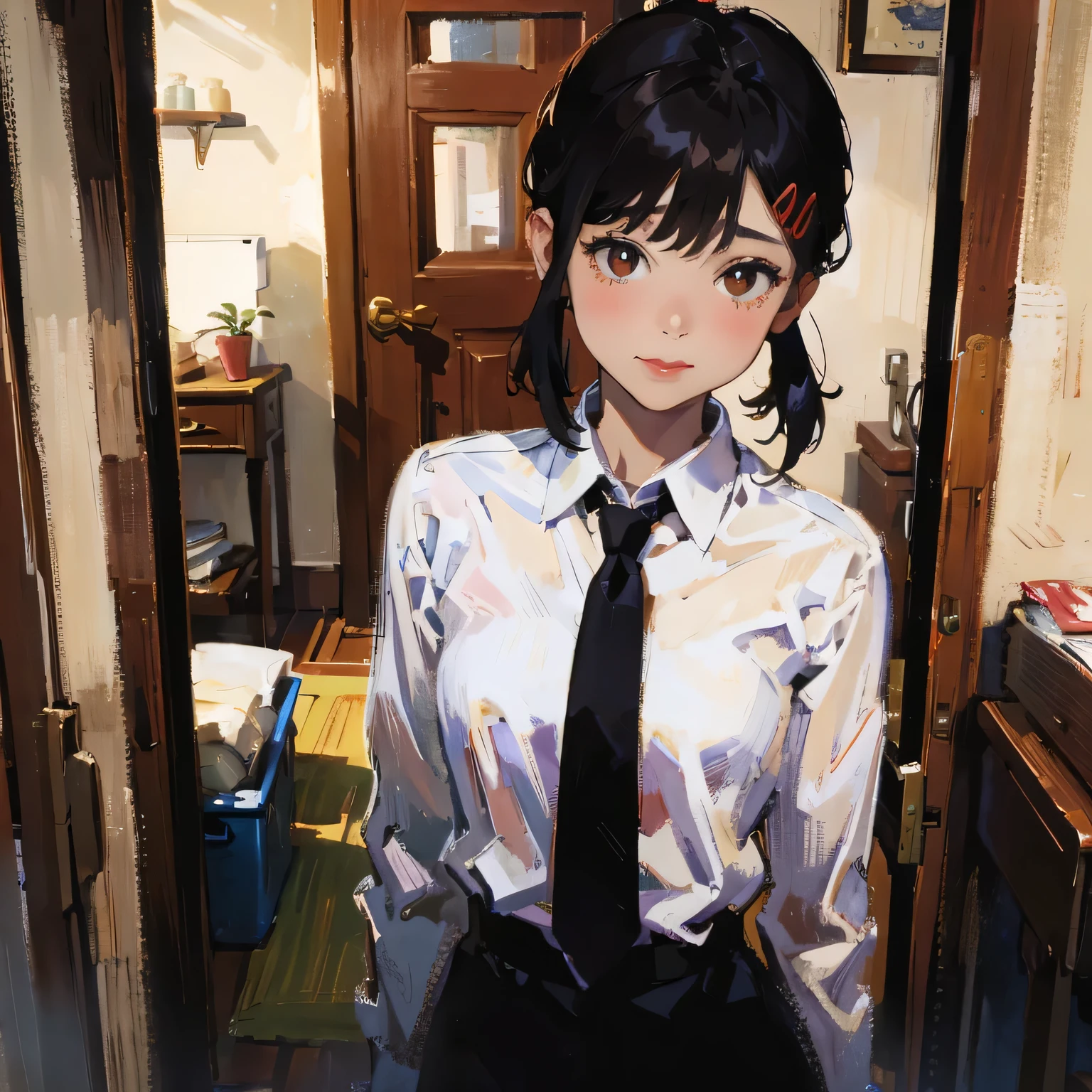 masterpiece, best quality, ultra-detailed, illustration, epic lighting, cinematic composition, isometric, 1girl, solo, cute, brown eyes, black hair, swept bangs, single sidelock, red hairclip, white collared shirt, black necktie, black pants, formal, enchanting gaze, captivating pose, indoors, office, door, opening door, looking at viewer, peeking out upper body, blush, seductive smile, closed mouth,(8k:1.1),