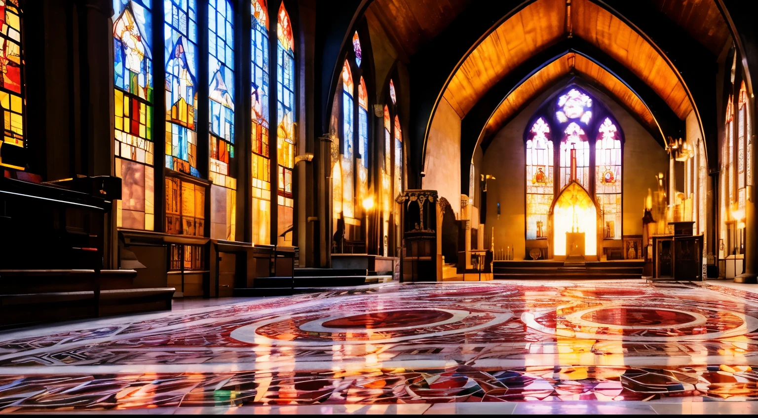 arafed view of a church with stained glass windows and a floor, stained glass futuristic church, kneeling at the shiny floor, glowing stained glass backdrop, satanic church interior, stained glass windows, mystical cathedral windows, intricate stained glass, scene set in a church, standing inside of a church, intricate stained glass triptych, stain glass, interior of the old cathedral