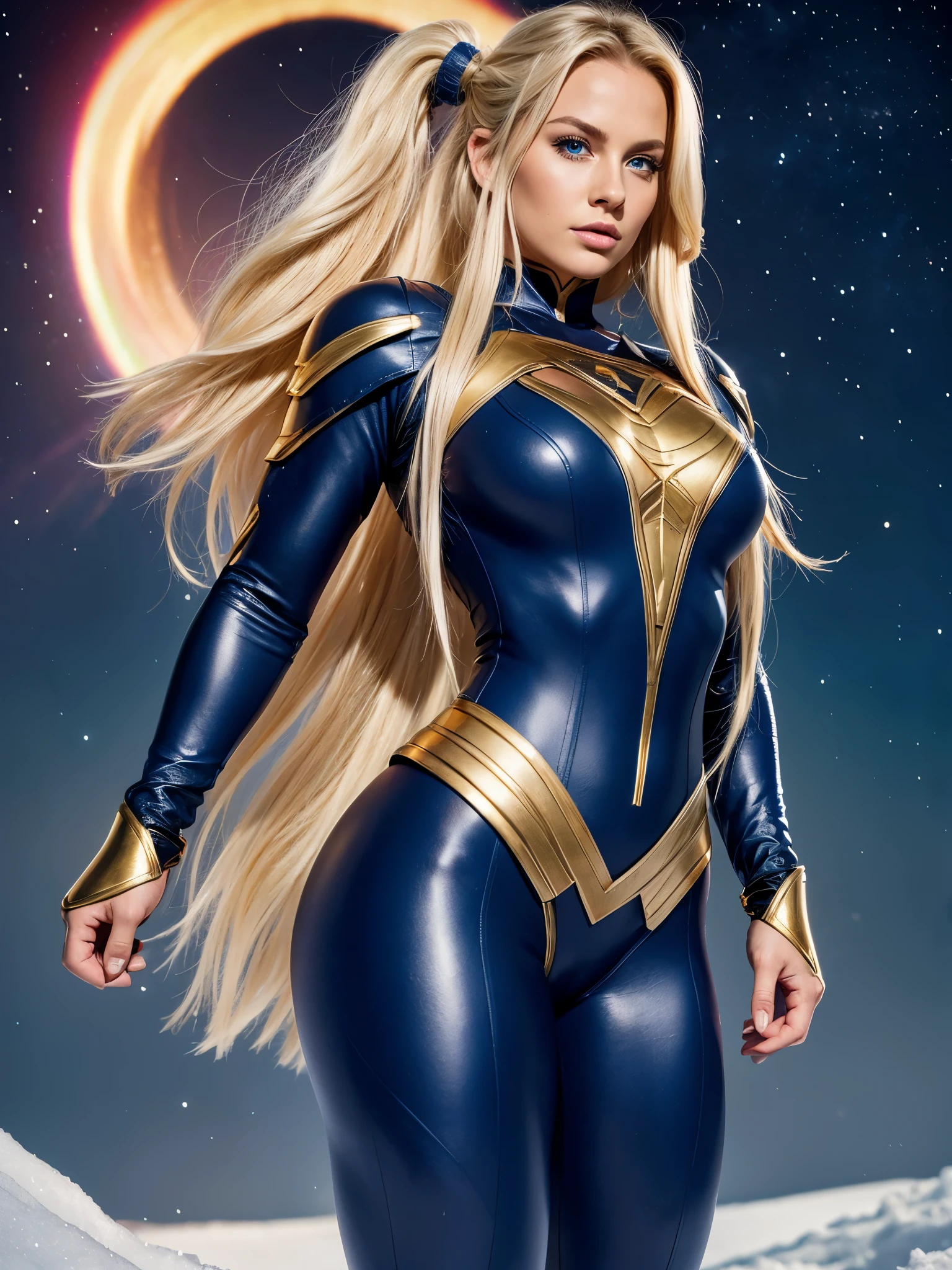 BOMBSHELL BLONDE WOMAN, WARRIOR FEMALE, PELE SKIN BLUE EYES, HUGE LONG HAIR, DOUBLE BRAID HAIR, LEOTARD ARMOUR, LONG SLEEVES, GOLD ARMOUR, BLUE UNDER BODYSUIT, NECK BODYSUIT, GOLD GAUNTLETS, ATHLETIC CURVY BODY, TIGHS EXPOSED, QUADRICEPS, MUSCLES, EXPOSED BUTTOCKS, SIDE BODY VIEW, NORTHERN LIGHTS, NORTH POLE, SNOW, NIGHT SKY, ACCURATE IMAGE, MASTERPIECE.