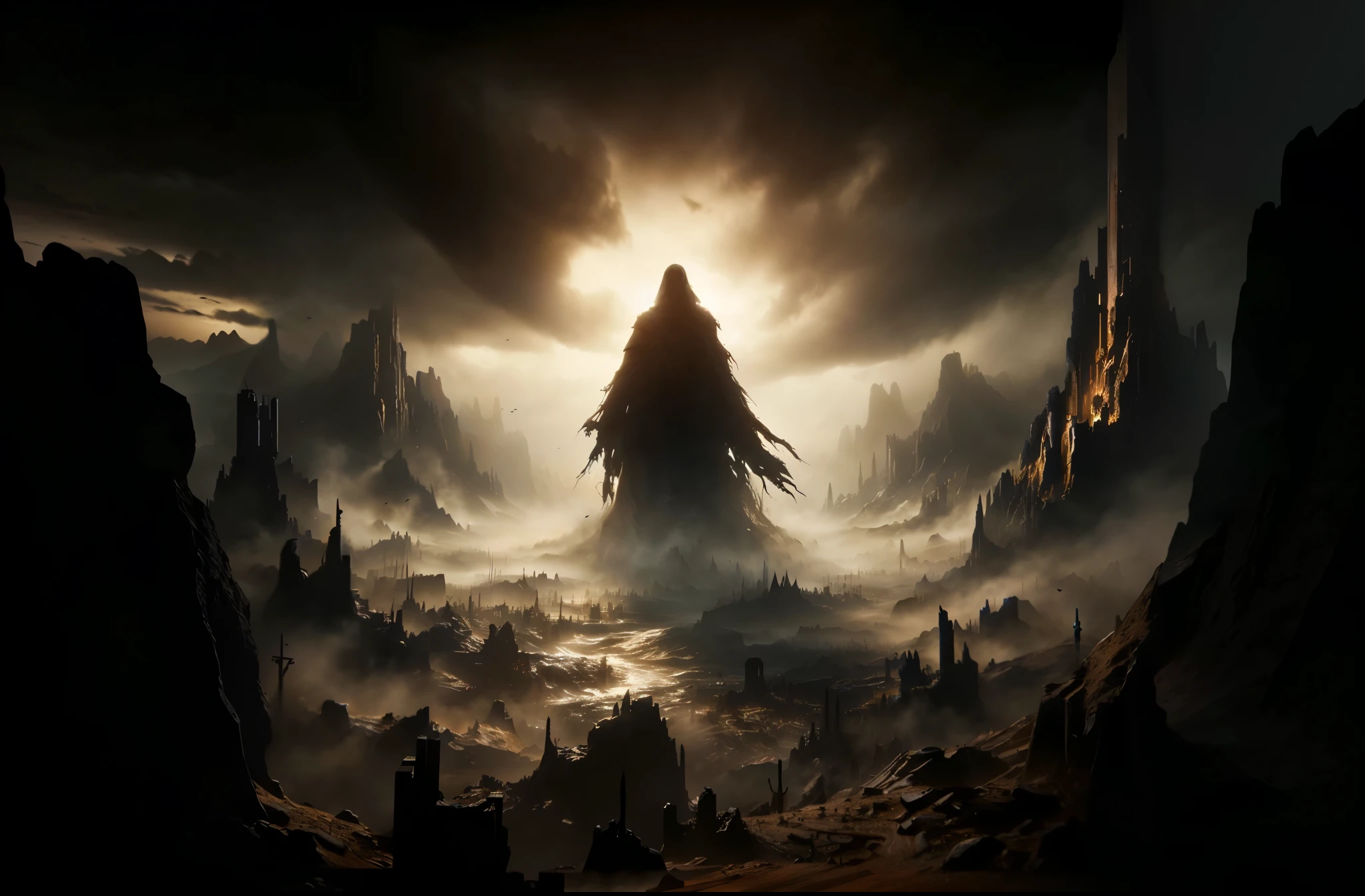 Desert with big mountains, Elden-Ring-Konzeptkunst, aus dem Videospiel Vermintide 2, Unreal Engine 4K Hintergrundbild, Game Art Matte Painting, Grimdark Matte Fantasy Painting, Konzeptkunst Hintergrundbild 4K, Unwirkliche Engine-Fantasy-Kunst, Gloomy cinematic concept art, Elden Ring Kunst, An ominous fantasy illustration