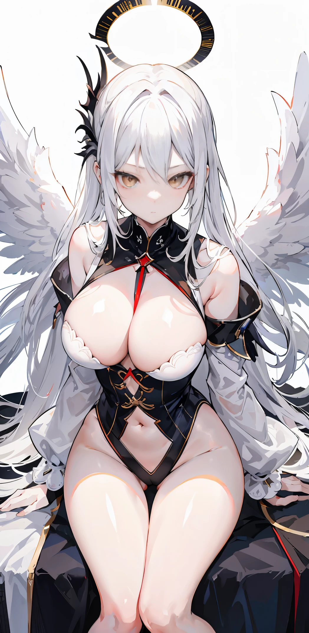 light skin color, white hair color long hair, Bigchest, 1:70, With your back to the camera,sexy for,Nero,White wings, angelicales跪着, Overhead halo, yellow eyes, sexy for姿势, angelicales, 26 year old, angelicales标记, Obsessed,hyper HD, White hair, eBlue eyes, Mother and daughter.Squat down and open your legs