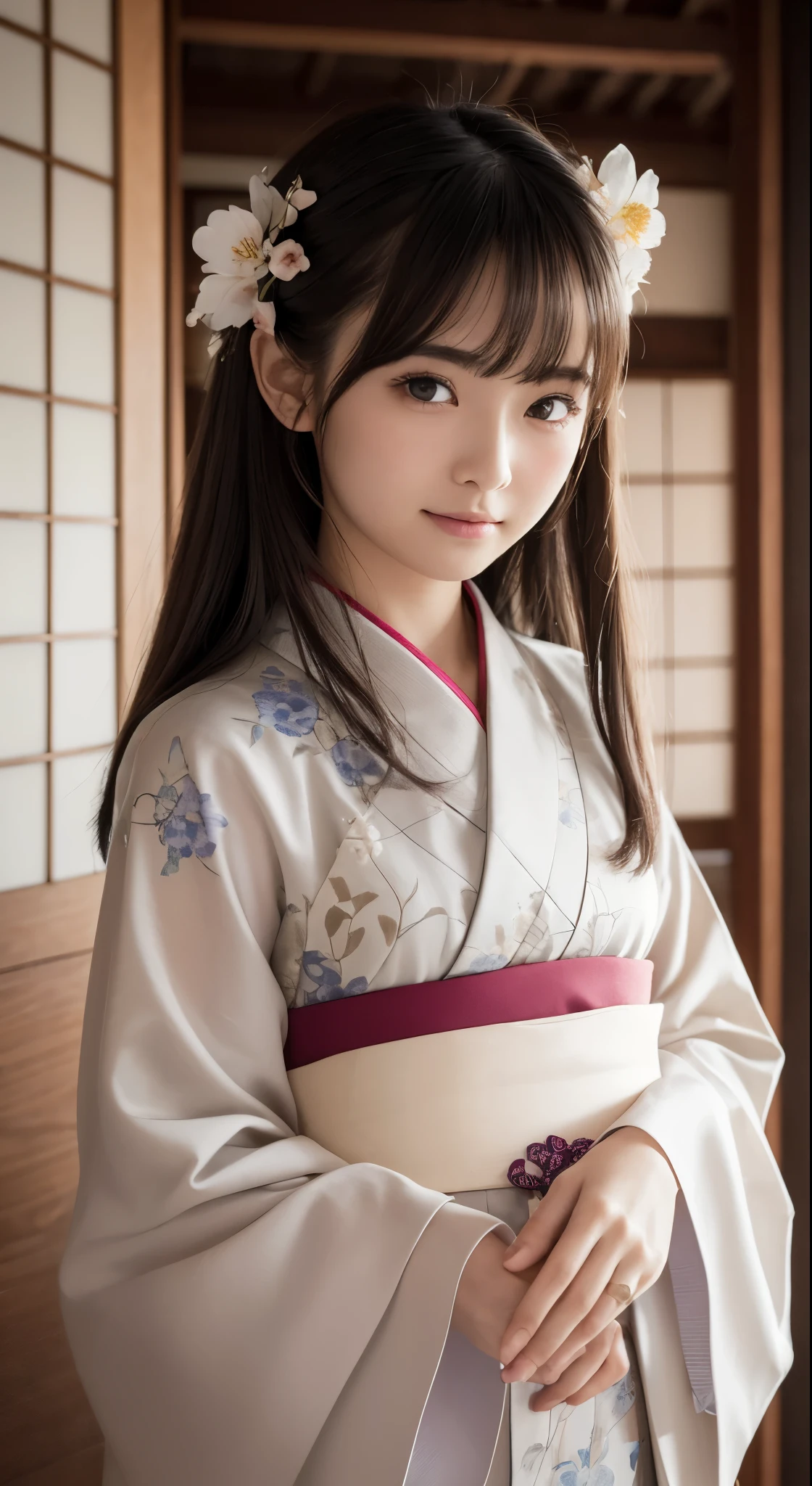 (Photorealsitic:1.4), (Top image quality:1.0), (超hight resolution:1.0), 8K, Raw photography, (​masterpiece:0.2), (pureerosface_v1:0.5)、(Best Quality Detail:1.2)、realisitic、8K UHD、hight resolution、(1girl in:1.2)、The ultra-detailliert、High quality textures、intricate detailes、detaileds、非常detailedsなCG、High quality shadows、Detail Beautiful delicate face、Detail Beautiful delicate eyes、depth of fields、Ray traching,1girl in, japanaese girl, Cute, slender, Kimono with Japanese pattern,Floral scrunchie, Beautiful skin, Facing the front,Country of Japan,Japanese garden,Luxury Japanese-style room, skyporn, Magic Hour, (Realistic:1.3), 細かくdetailedsなプッシー, quality, (masutepiece:1.2), (Photorealsiticです:1.2), (Best Quality), (Intricate details), Dramatic, Ray tracing, photograph, Natural smile
