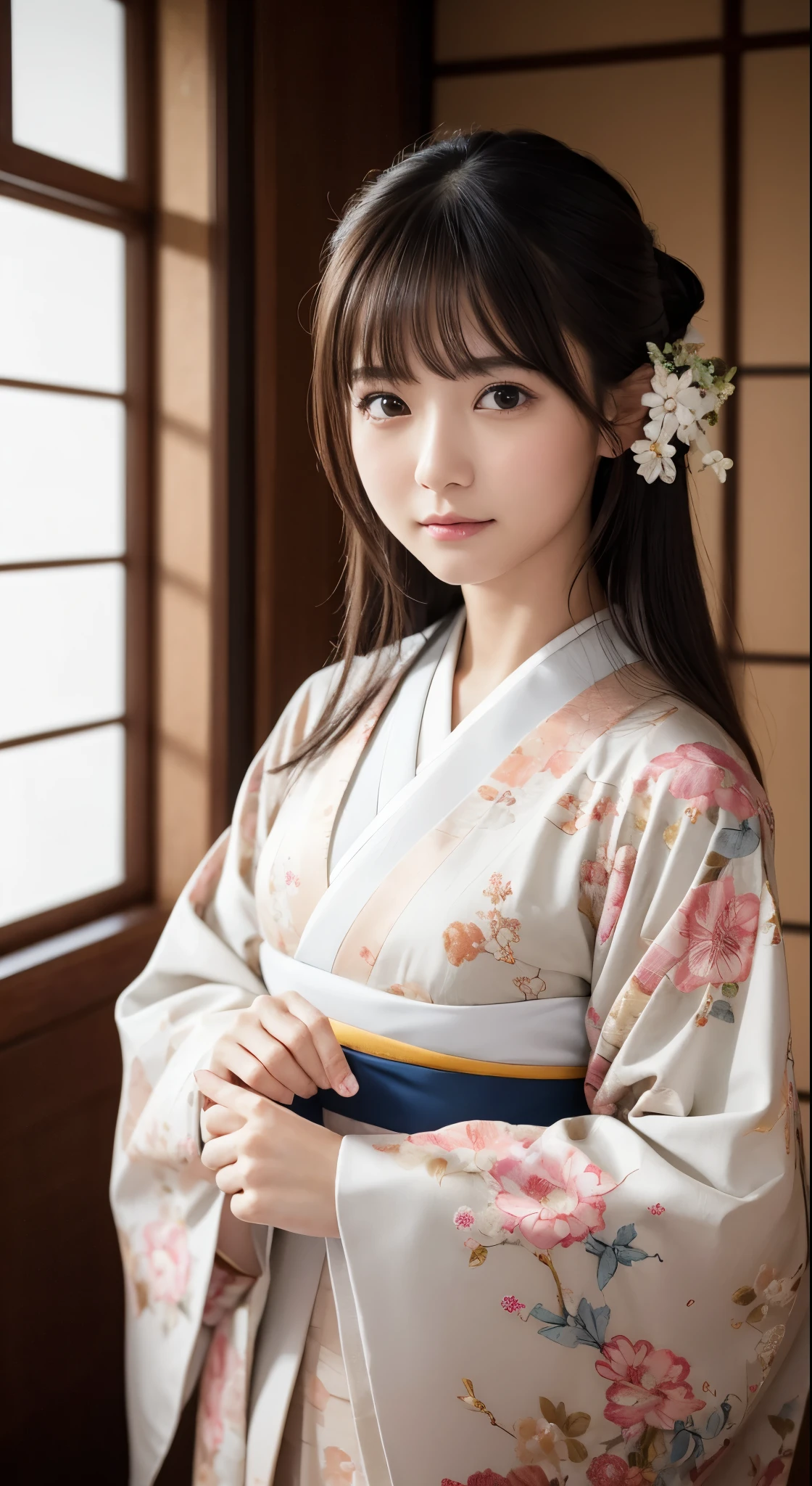 (Photorealsitic:1.4), (Top image quality:1.0), (超hight resolution:1.0), 8K, Raw photography, (​masterpiece:0.2), (pureerosface_v1:0.5)、(Best Quality Detail:1.2)、realisitic、8K UHD、hight resolution、(1girl in:1.2)、The ultra-detailliert、High quality textures、intricate detailes、detaileds、非常detailedsなCG、High quality shadows、Detail Beautiful delicate face、Detail Beautiful delicate eyes、depth of fields、Ray traching,1girl in, japanaese girl, Cute, slender, Kimono with Japanese pattern,Floral scrunchie, Beautiful skin, Facing the front,Country of Japan,Japanese garden,Luxury Japanese-style room, skyporn, Magic Hour, (Realistic:1.3), 細かくdetailedsなプッシー, quality, (masutepiece:1.2), (Photorealsiticです:1.2), (Best Quality), (Intricate details), Dramatic, Ray tracing, photograph, Natural smile