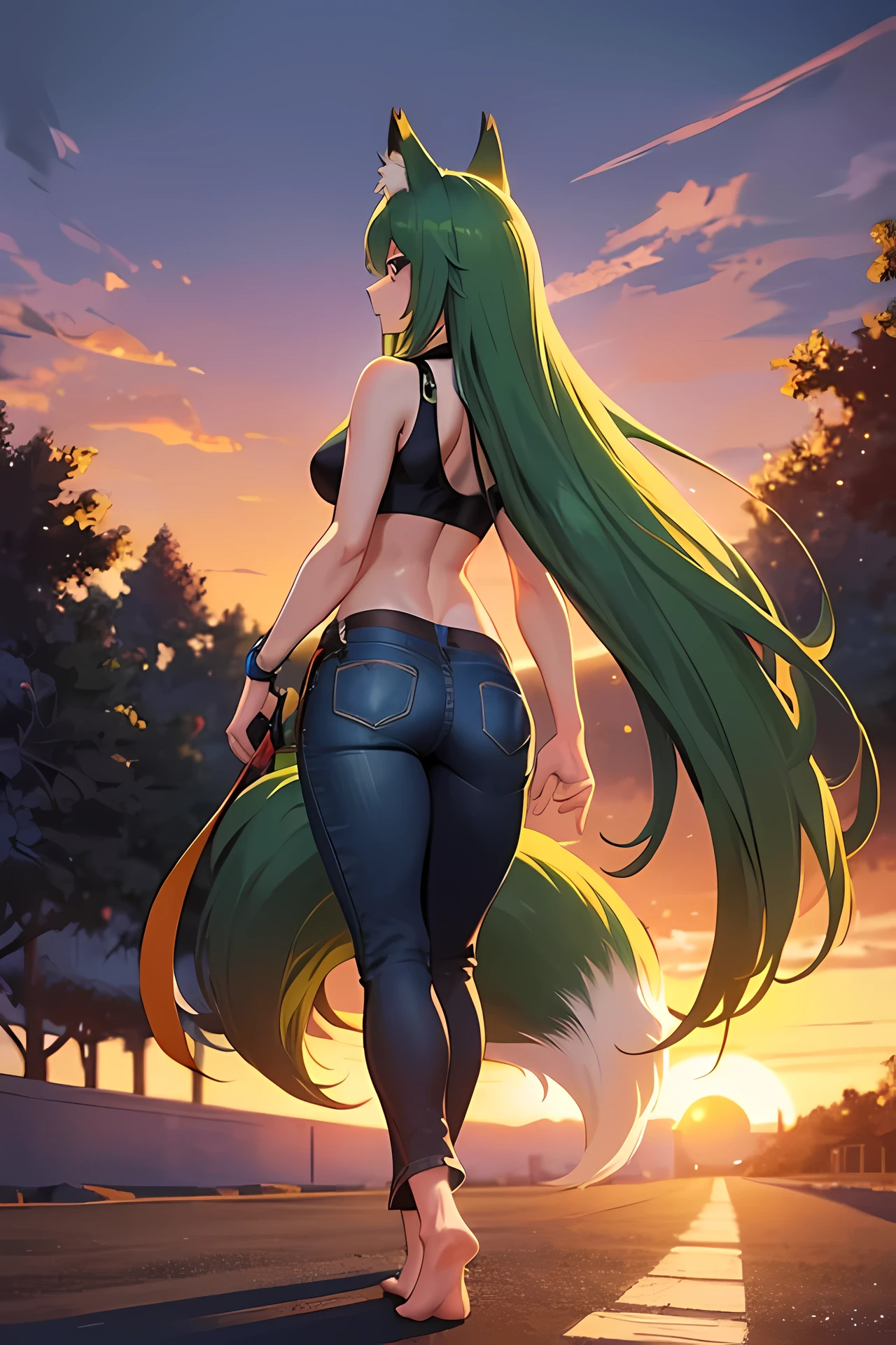 1girl, long green hair, woman, mature woman, milf, fox ears, fox tail, barefoot, blue eyes, walking away, looking back over her shoulder, sunset, black croptop, black jeans