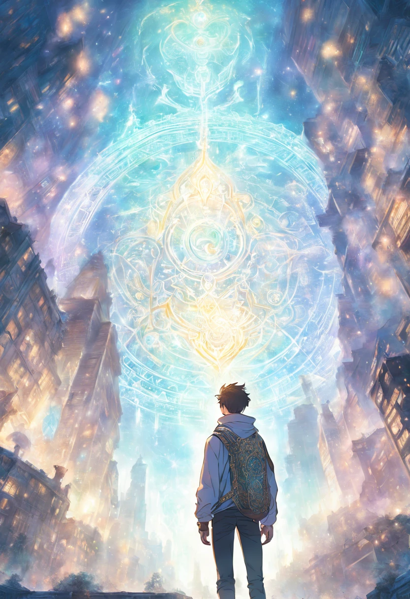 perspective, (A young man of 16 years old), The amulet glows, complex light, pastel colours, style modern fantasy, (((Detailed drawing))), against the backdrop of the city