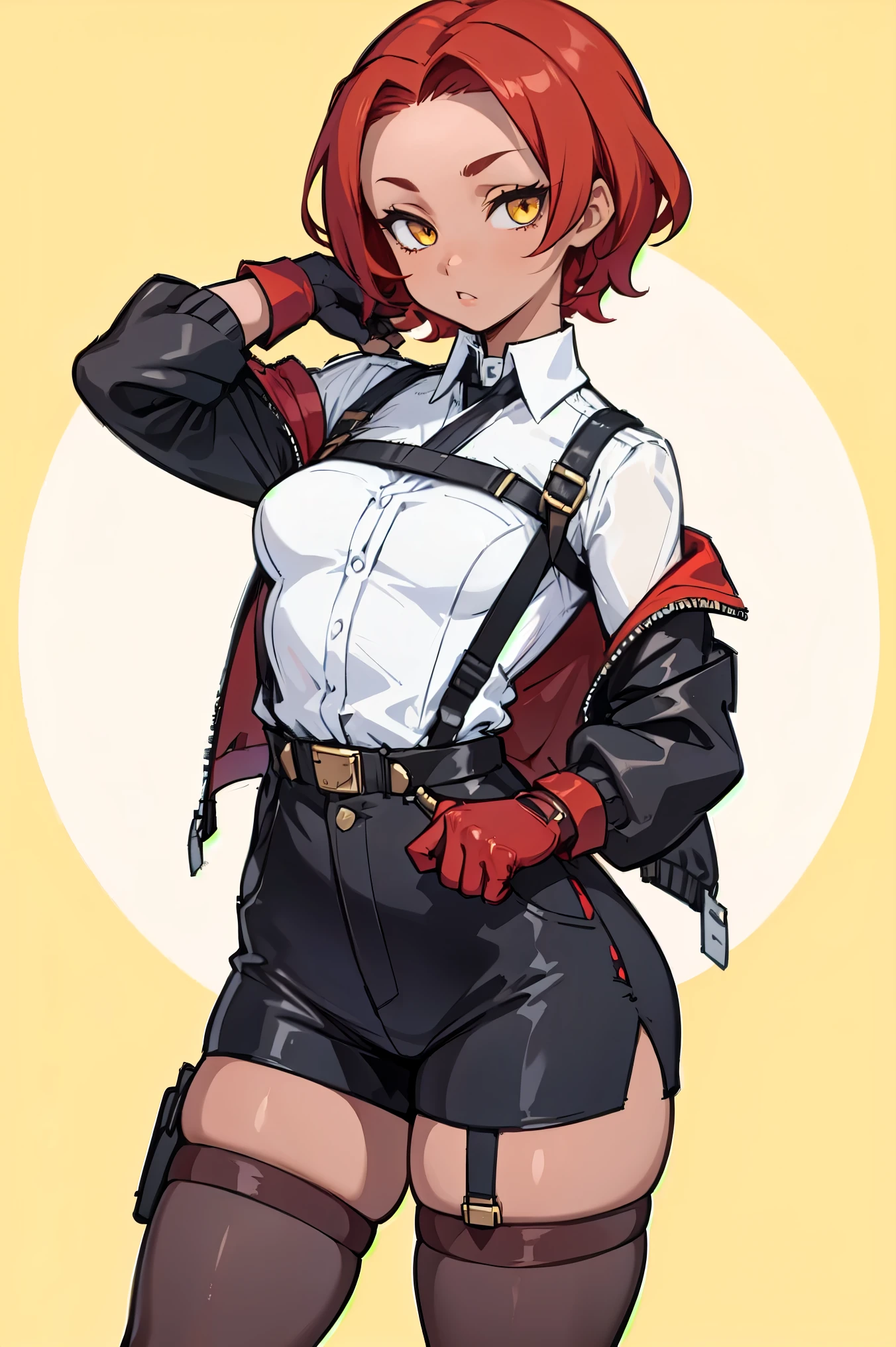 1girl, young woman, solo, short hair, Small hair, (forehead:1.2), yellow eyes, sharp ocular posture, (scarlet red hair), light brown skin tone, Athletic, muscular, medium breasts, (cropped jacket, black jacket), white shirt, collared shirt, (chest harness, shoulder strap:1.15), black leather shorts, pantyhose 7/8, garter belt, gloves, elegant, looking at viewer, standing, mustard color background, masterpiece, best quality, 4k