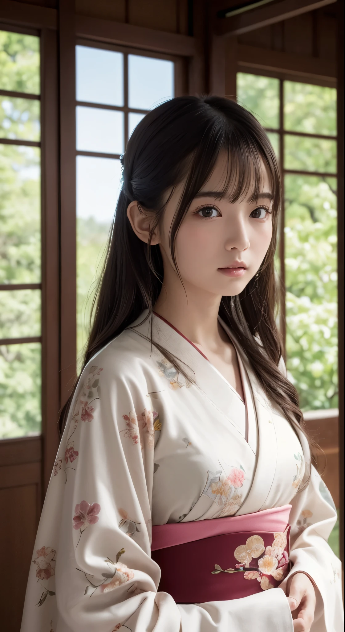(Photorealsitic:1.4), (Top image quality:1.0), (超hight resolution:1.0), 8K, Raw photography, (masterpiece:0.2), (pureerosface_v1:0.5)、(Best Quality Detail:1.2)、realisitic、8K UHD、hight resolution、(1girl in:1.2)、The ultra-detailliert、High quality textures、intricate detailes、detaileds、非常detailedsなCG、High quality shadows、Detail Beautiful delicate face、Detail Beautiful delicate eyes、depth of fields、Ray traching,1girl in, japanaese girl, Cute, slender, Kimono with Japanese pattern,Floral scrunchie, Beautiful skin, Facing the front,Country of Japan,Japanese garden,Luxury Japanese-style room, skyporn, Magic Hour, (Realistic:1.3), 細かくdetailedsなプッシー, quality, (masutepiece:1.2), (Photorealsiticです:1.2), (Best Quality), (Intricate details), Dramatic, Ray tracing, photograph, +Lola