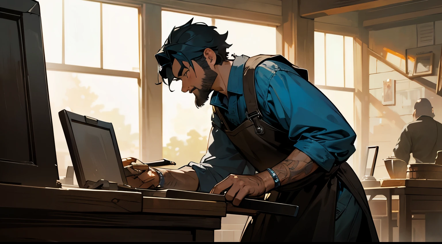 A man working as a blacksmith in a detailed background with a blacksmith working station. The background should have dim lights, vivid colors, and be ultra-detailed. The man should be the main focus with a realistic depiction.