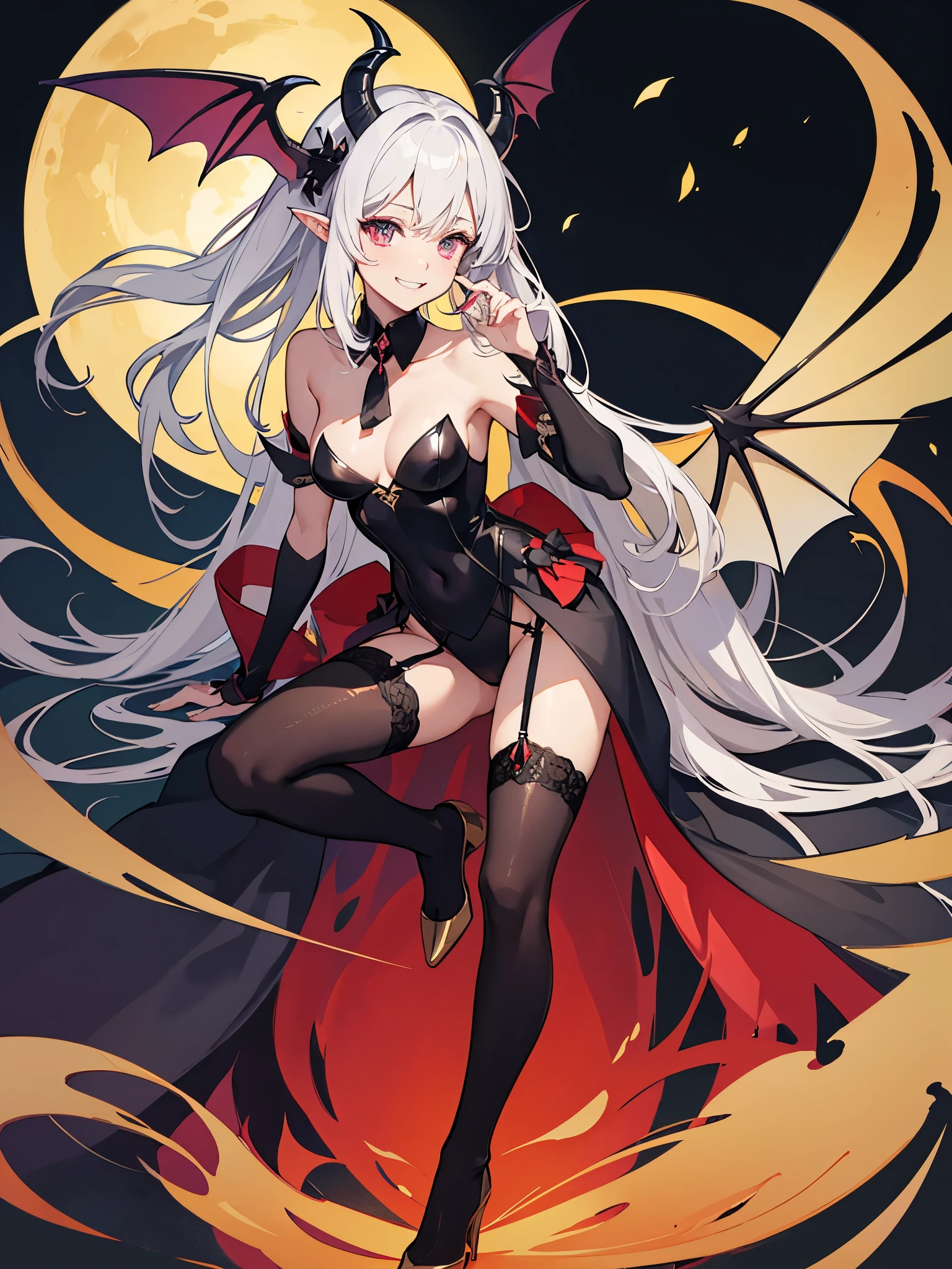 full body shot shot,portrait,solo person,a beauty girl,Hair over the shoulder,succubi,Happy,pointy ears,goat horn,high-heels,Put your hand to your mouth,Crossed waist with one hand,Whitish skin tone,Bow collar,比基尼,grin,Magic pupil,a garter belt,The demons,The demons翅膀,Bat wings growing on the back,Crop topping,Sexy dressing,underwear