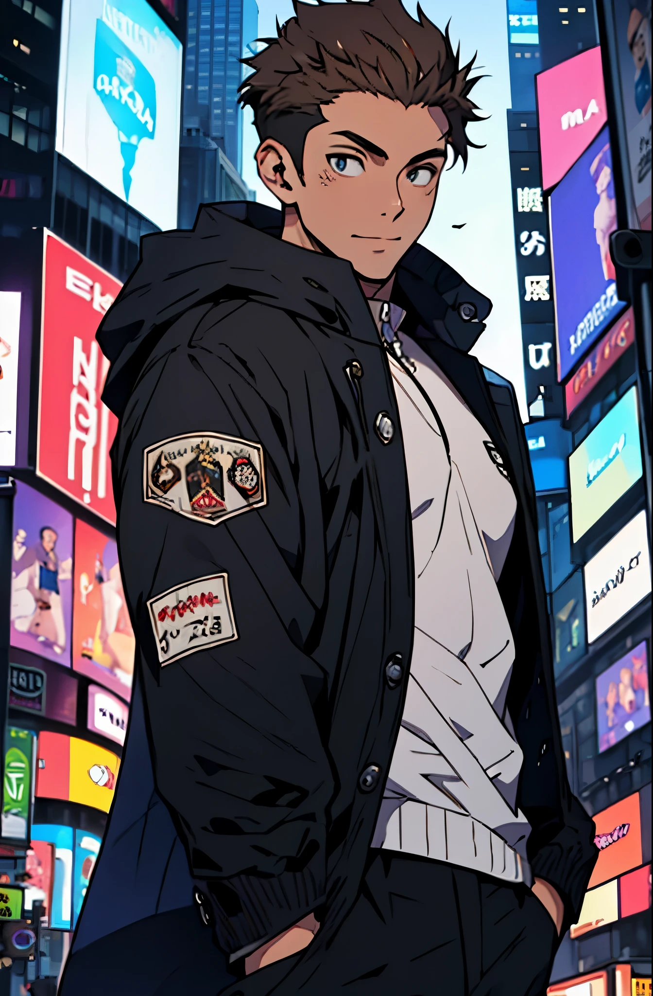 A mais alta qualidade, 8K, image high resolution, good ilumination, sombras detalhadas, Detailed strokes, no meio de uma avenida movimentada estilo Times Square de noite , inverno, apoiado em um dos postes, adolecente, Yuji Itadori, Dark Brown Hair , pele muito branca, Wearing a cold jacket , masculo , Tight chest in jacket , (angulo de baixo), (Angulo de Perto), pernas definidas, defined arms, com a camisa,