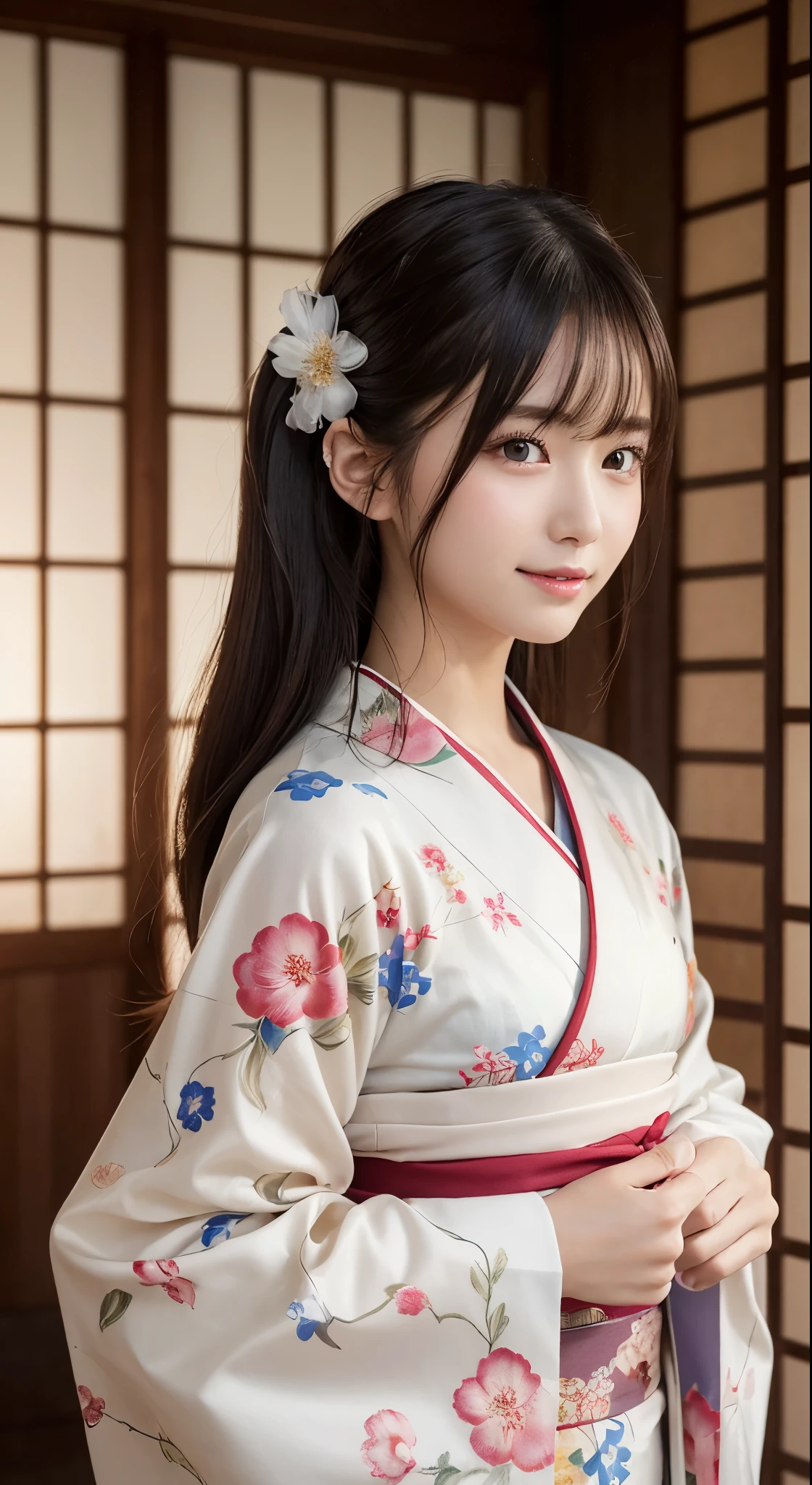 (Photorealsitic:1.4), (Top image quality:1.0), (超hight resolution:1.0), 8K, Raw photography, (masterpiece:0.2), (pureerosface_v1:0.5)、(Best Quality Detail:1.2)、realisitic、8K UHD、hight resolution、(1girl in:1.2)、The ultra-detailliert、High quality textures、intricate detailes、detaileds、非常detailedsなCG、High quality shadows、Detail Beautiful delicate face、Detail Beautiful delicate eyes、depth of fields、Ray traching,1girl in, japanaese girl, Cute, slender, Kimono with Japanese pattern,Floral scrunchie, Beautiful skin, Facing the front,Country of Japan,Japanese garden,Luxury Japanese-style room, skyporn, Magic Hour, (Realistic:1.3), 細かくdetailedsなプッシー, quality, (masutepiece:1.2), (Photorealsiticです:1.2), (Best Quality), (Intricate details), Dramatic, Ray tracing, photograph, Natural smile