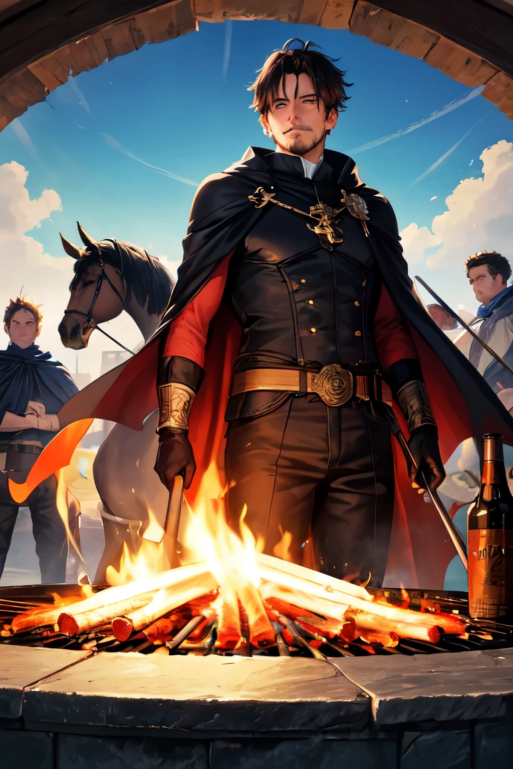 Photo of a man aged 35 years old with a beautiful barbeque and long cheves with a fighting horse queue with cicatrices and injuries with a black cape in the toie d'A grand immeuble les yeux rouge la rage de tout déchirer en plein lune derrire lui et des faucons derrière lui