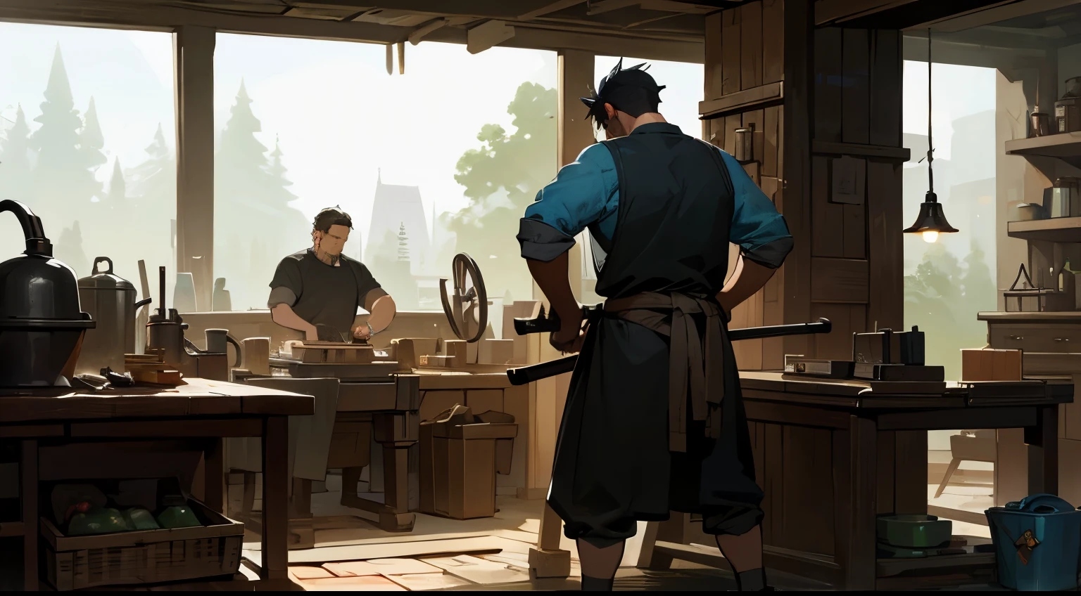 A man working as a blacksmith in a detailed background with a blacksmith working station. The background should have dim lights, vivid colors, and be ultra-detailed. The man should be the main focus with a realistic depiction.