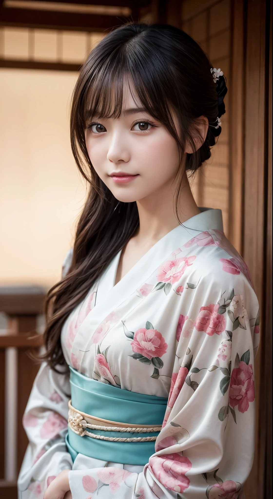 (Photorealsitic:1.4), (Top image quality:1.0), (超hight resolution:1.0), 8K, Raw photography, (​masterpiece:0.2), (pureerosface_v1:0.5)、(Best Quality Detail:1.2)、realisitic、8K UHD、hight resolution、(1girl in:1.2)、The ultra-detailliert、High quality textures、intricate detailes、detaileds、非常detailedsなCG、High quality shadows、Detail Beautiful delicate face、Detail Beautiful delicate eyes、depth of fields、Ray traching,1girl in, japanaese girl, Cute, slender, Kimono with Japanese pattern,Floral scrunchie, Beautiful skin, Facing the front,Country of Japan,Japanese garden,Luxury Japanese-style room, skyporn, Magic Hour, (Realistic:1.3), 細かくdetailedsなプッシー, quality, (masutepiece:1.2), (Photorealsiticです:1.2), (Best Quality), (Intricate details), Dramatic, Ray tracing, photograph, Natural smile