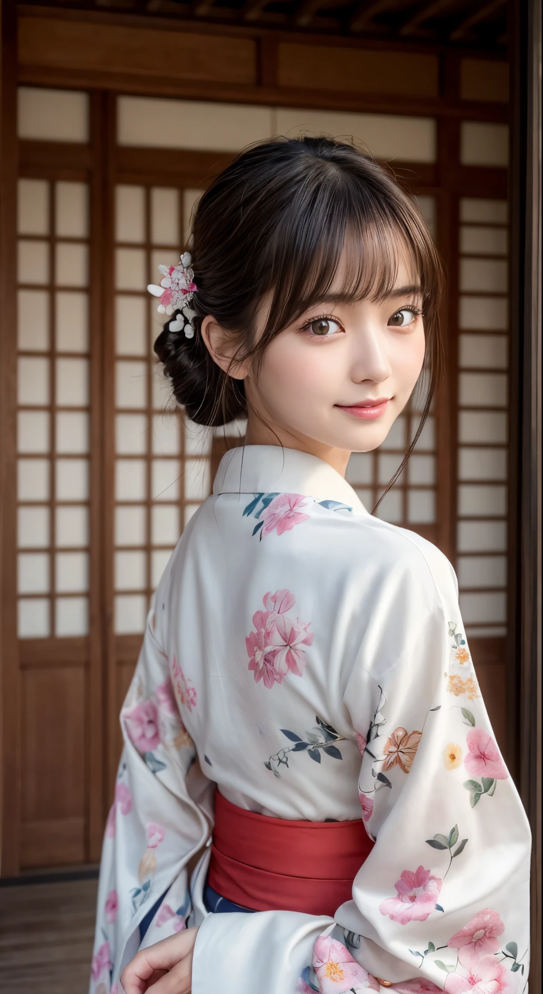 (Photorealsitic:1.4), (Top image quality:1.0), (超hight resolution:1.0), 8K, Raw photography, (​masterpiece:0.2), (pureerosface_v1:0.5)、(Best Quality Detail:1.2)、realisitic、8K UHD、hight resolution、(1girl in:1.2)、The ultra-detailliert、High quality textures、intricate detailes、detaileds、非常detailedsなCG、High quality shadows、Detail Beautiful delicate face、Detail Beautiful delicate eyes、depth of fields、Ray traching,1girl in, japanaese girl, Cute, slender, Kimono with Japanese pattern,Floral scrunchie, Beautiful skin, Facing the front,Country of Japan,Japanese garden,Luxury Japanese-style room, skyporn, Magic Hour, (Realistic:1.3), 細かくdetailedsなプッシー, quality, (masutepiece:1.2), (Photorealsiticです:1.2), (Best Quality), (Intricate details), Dramatic, Ray tracing, photograph, Natural smile