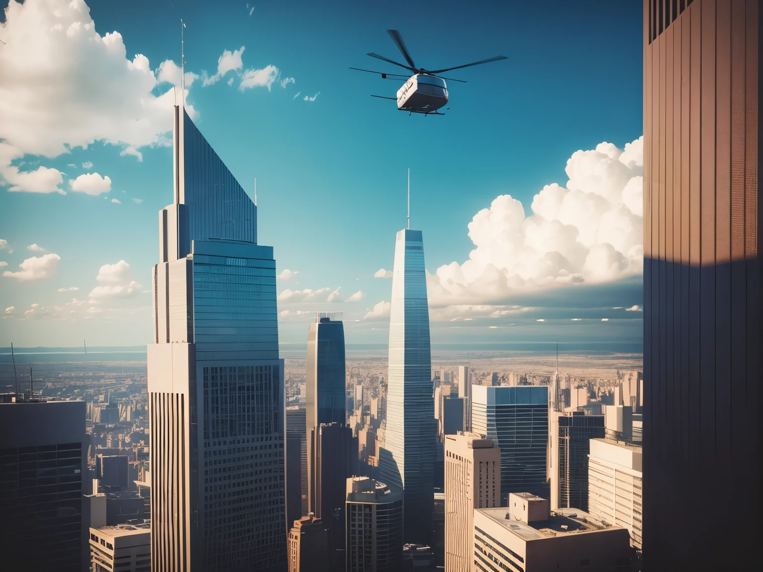 civil business helicopter flies over the city