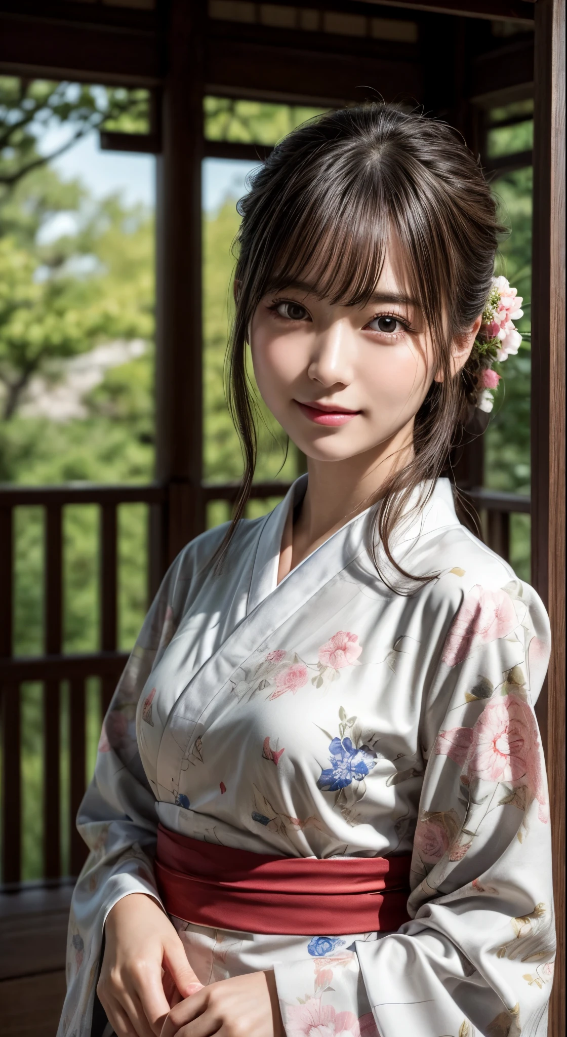 (Photorealsitic:1.4), (Top image quality:1.0), (超hight resolution:1.0), 8K, Raw photography, (masterpiece:0.2), (pureerosface_v1:0.5)、(Best Quality Detail:1.2)、realisitic、8K UHD、hight resolution、(1girl in:1.2)、The ultra-detailliert、High quality textures、intricate detailes、detaileds、非常detailedsなCG、High quality shadows、Detail Beautiful delicate face、Detail Beautiful delicate eyes、depth of fields、Ray traching,1girl in, japanaese girl, Cute, slender, Kimono with Japanese pattern,Floral scrunchie, Beautiful skin, Facing the front,Country of Japan,Japanese garden,Luxury Japanese-style room, skyporn, Magic Hour, (Realistic:1.3), 細かくdetailedsなプッシー, quality, (masutepiece:1.2), (Photorealsiticです:1.2), (Best Quality), (Intricate details), Dramatic, Ray tracing, photograph, Natural smile