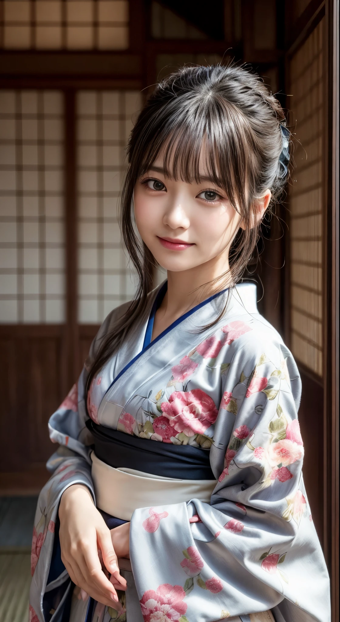 (Photorealsitic:1.4), (Top image quality:1.0), (超hight resolution:1.0), 8K, Raw photography, (masterpiece:0.2), (pureerosface_v1:0.5)、(Best Quality Detail:1.2)、realisitic、8K UHD、hight resolution、(1girl in:1.2)、The ultra-detailliert、High quality textures、intricate detailes、detaileds、非常detailedsなCG、High quality shadows、Detail Beautiful delicate face、Detail Beautiful delicate eyes、depth of fields、Ray traching,1girl in, japanaese girl, Cute, slender, Kimono with Japanese pattern,Floral scrunchie, Beautiful skin, Facing the front,Country of Japan,Japanese garden,Luxury Japanese-style room, skyporn, Magic Hour, (Realistic:1.3), 細かくdetailedsなプッシー, quality, (masutepiece:1.2), (Photorealsiticです:1.2), (Best Quality), (Intricate details), Dramatic, Ray tracing, photograph, Natural smile
