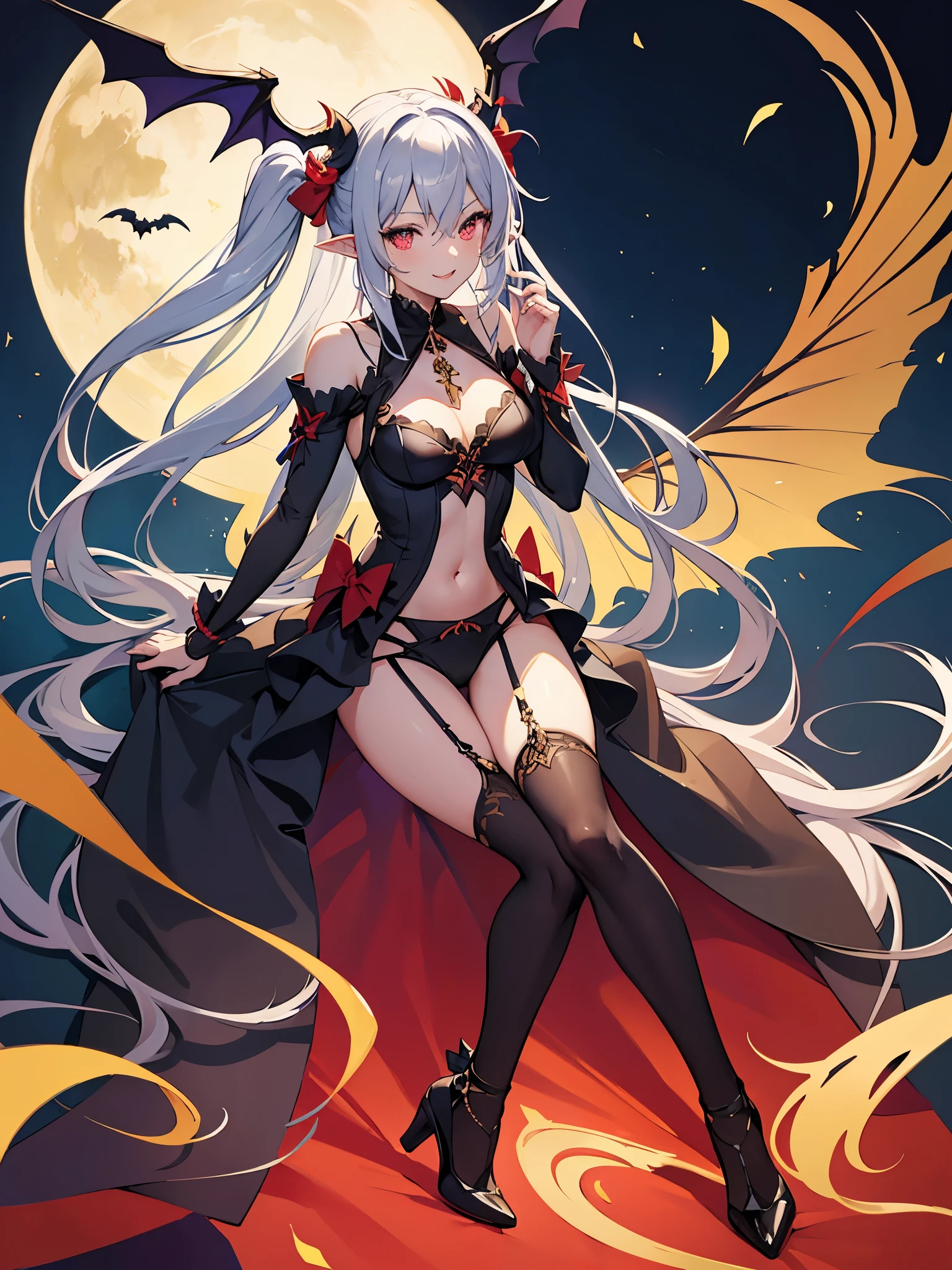 full body shot shot,portrait,solo person,a beauty girl,Hair over the shoulder,succubi,Happy,pointy ears,goat horn,high-heels,Put your hand to your mouth,Crossed waist with one hand,Whitish skin tone,Bow collar,比基尼,grin,Magic pupil,a garter belt,The demons,The demons翅膀,Bat wings growing on the back,Crop topping,Sexy dressing,underwear