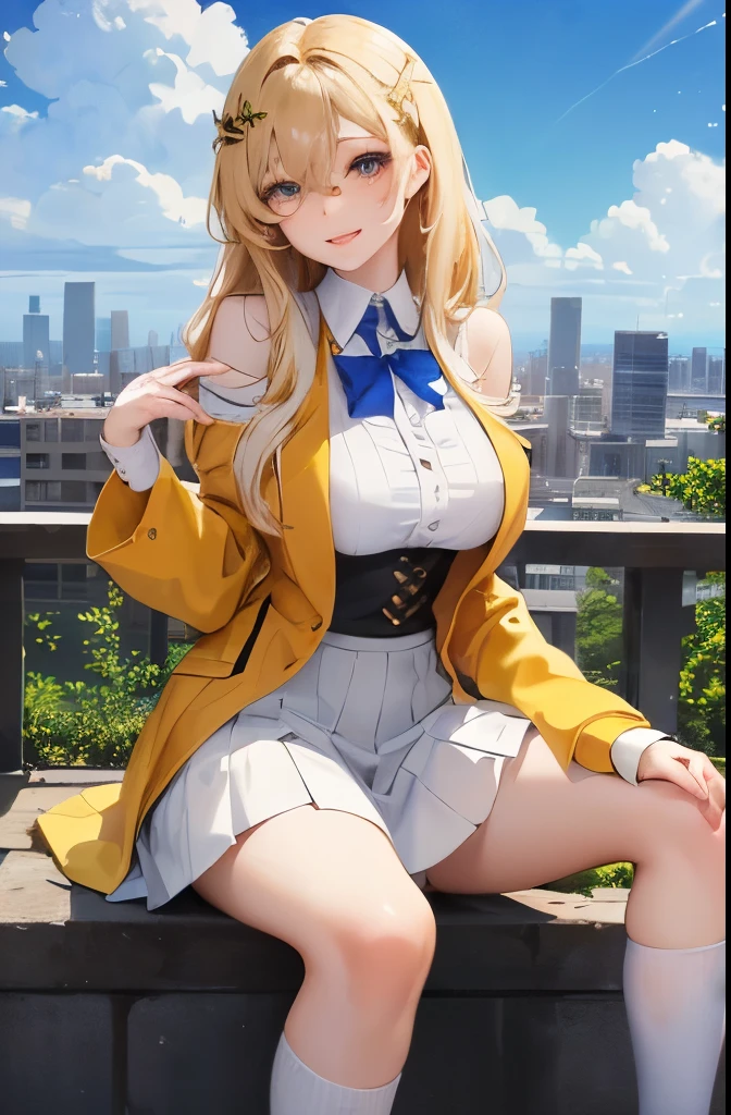 long hair of golden color、hime-cut、Golden Eyes、eye glasses、ssmile、Early s girl、Smaller chest、Thin pubic hair、open transparent robe、Opening legs、On the roof of a building、a chair