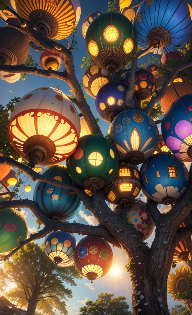 Light up the colorful mushroom forest,world in a bottle,A fairyland-like hideaway,Colorful mushroom house,a fairy world,夏天,Seafront,Rios,tree house,sunflower fields,lavender,mountain ranges,mountain peak tree,a small medieval village, Italy, Vera, medieval town, medieval village, 幻想Italy, quaint village, Italy杰作, medieval coastal village, medieval town景观、Cobblestone road、View from the street、Behold