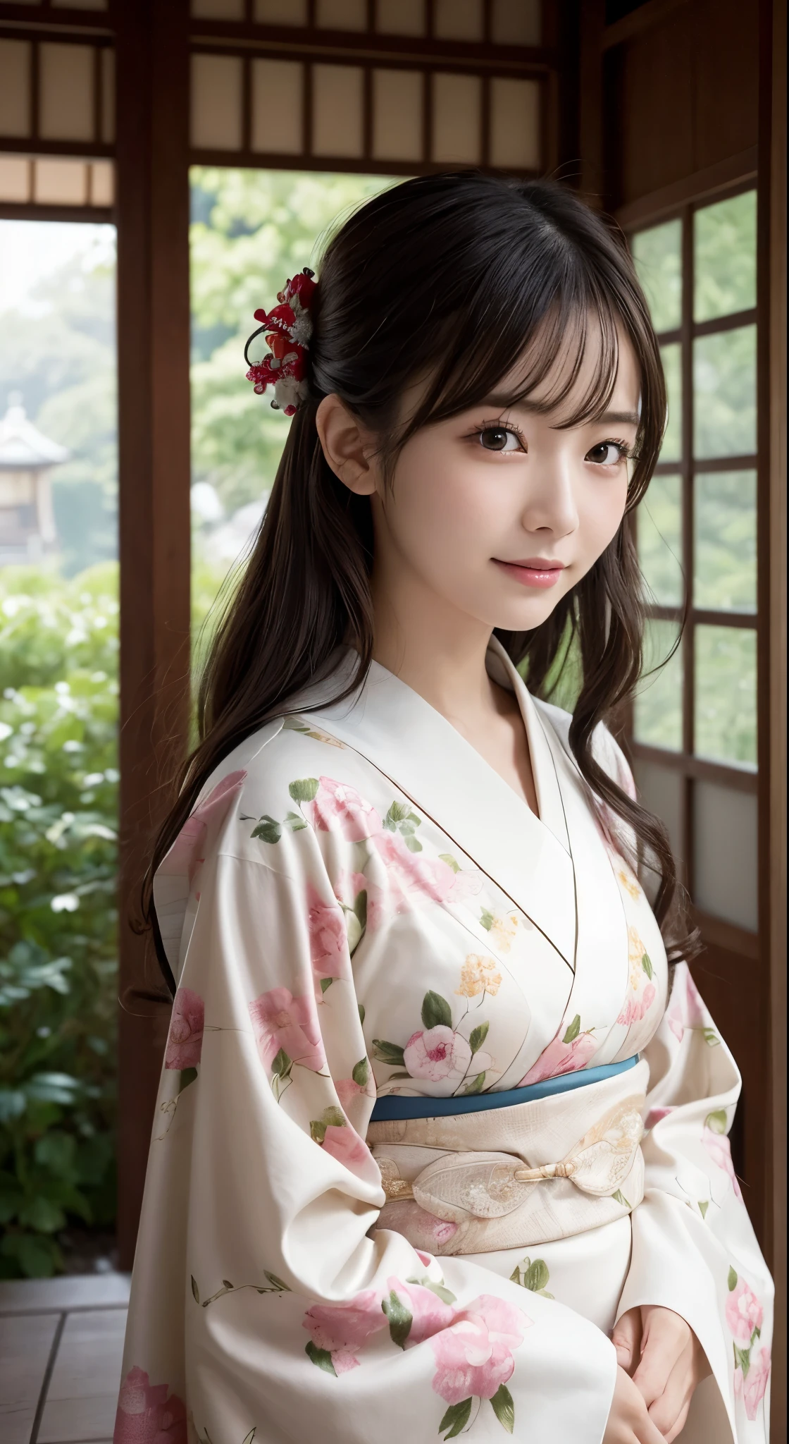 (Photorealsitic:1.4), (Top image quality:1.0), (超hight resolution:1.0), 8K, Raw photography, (masterpiece:0.2), (pureerosface_v1:0.5)、(Best Quality Detail:1.2)、realisitic、8K UHD、hight resolution、(1girl in:1.2)、The ultra-detailliert、High quality textures、intricate detailes、detaileds、非常detailedsなCG、High quality shadows、Detail Beautiful delicate face、Detail Beautiful delicate eyes、depth of fields、Ray traching,1girl in, japanaese girl, Cute, slender, Kimono with Japanese pattern,Floral scrunchie, Beautiful skin, Facing the front,Country of Japan,Japanese garden,Luxury Japanese-style room, skyporn, Magic Hour, (Realistic:1.3), 細かくdetailedsなプッシー, quality, (masutepiece:1.2), (Photorealsiticです:1.2), (Best Quality), (Intricate details), Dramatic, Ray tracing, photograph, Natural smile