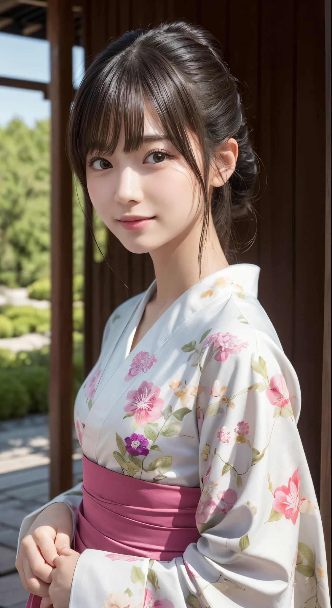 (Photorealsitic:1.4), (Top image quality:1.0), (超hight resolution:1.0), 8K, Raw photography, (masterpiece:0.2), (pureerosface_v1:0.5)、(Best Quality Detail:1.2)、realisitic、8K UHD、hight resolution、(1girl in:1.2)、The ultra-detailliert、High quality textures、intricate detailes、detaileds、非常detailedsなCG、High quality shadows、Detail Beautiful delicate face、Detail Beautiful delicate eyes、depth of fields、Ray traching,1girl in, japanaese girl, Cute, slender, Kimono with Japanese pattern,Floral scrunchie, Beautiful skin, Facing the front,Country of Japan,Japanese garden,Luxury Japanese-style room, skyporn, Magic Hour, (Realistic:1.3), 細かくdetailedsなプッシー, quality, (masutepiece:1.2), (Photorealsiticです:1.2), (Best Quality), (Intricate details), Dramatic, Ray tracing, photograph, Natural smile