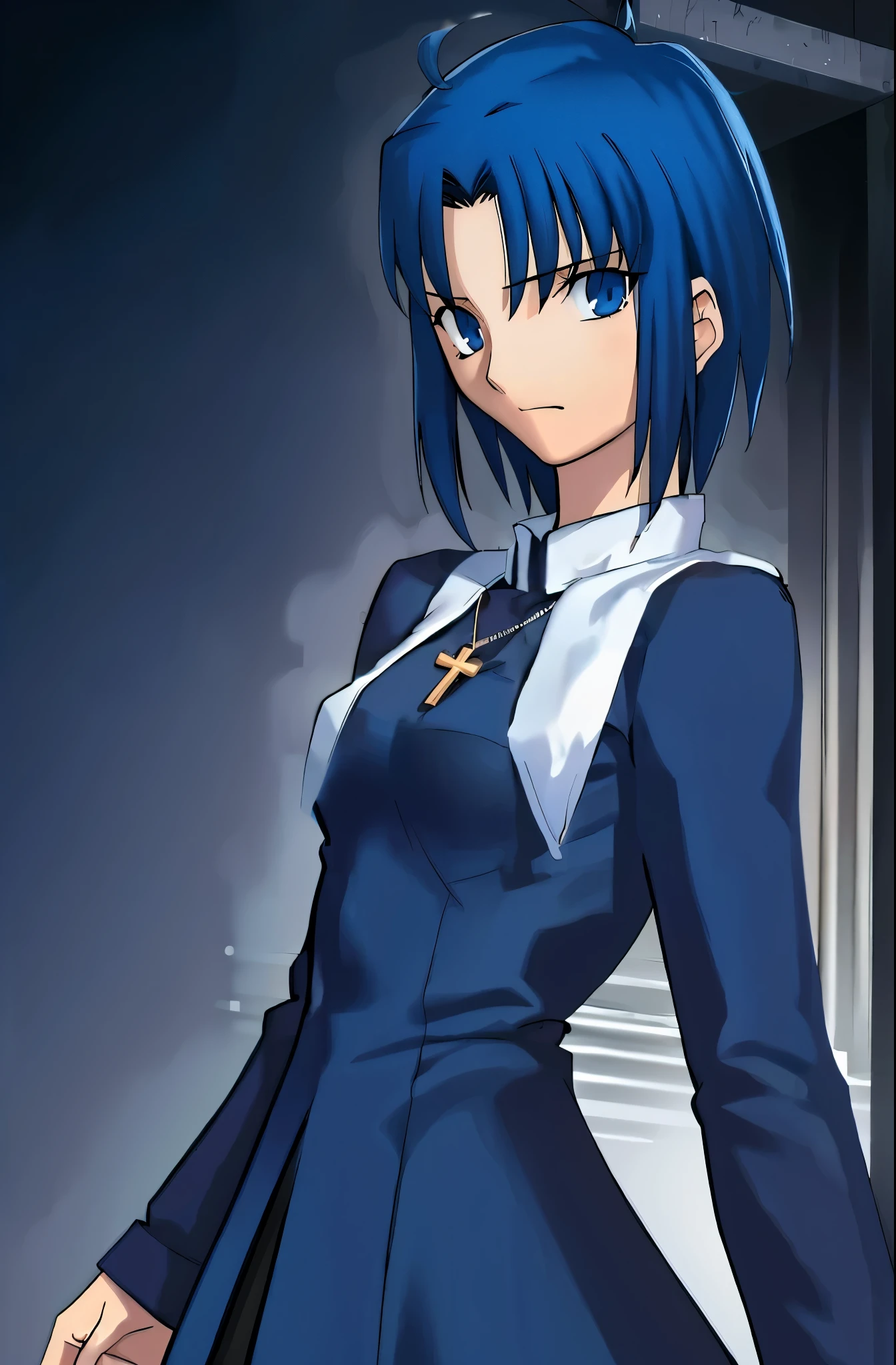 ciel_(tsukihime), Best quality high resolution, cowboy shot, 1girl, solo, long sleeves black dress, habit open, sad, looking at viewer, antenna hair, (ahoge:1), closed mouth, fingernails, breasts, medium breasts, cross, latin cross, cross, holding, necklace, nun,