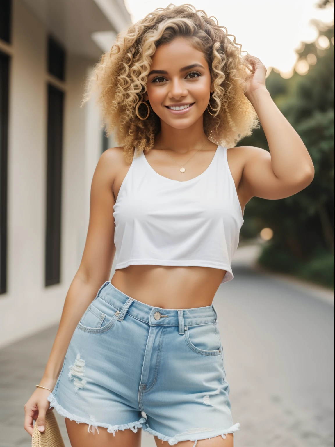 a dancing blonde girl, curly hair, sorrindo, vista de lado, usa shorts bem curto, usa blusa cropped mostrando barriga, tanlines on body,  detalhada, realista, foto realista, highes definition, alta resolução. lente 35mm, tilt shift. bokeh, luz do dia