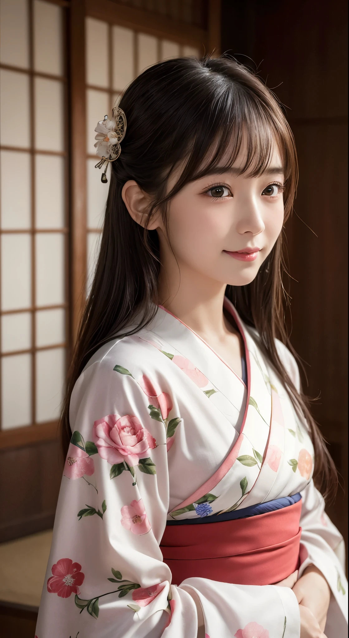 (Photorealsitic:1.4), (Top image quality:1.0), (超hight resolution:1.0), 8K, Raw photography, (masterpiece:0.2), (pureerosface_v1:0.5)、(Best Quality Detail:1.2)、realisitic、8K UHD、hight resolution、(1girl in:1.2)、The ultra-detailliert、High quality textures、intricate detailes、detaileds、非常detailedsなCG、High quality shadows、Detail Beautiful delicate face、Detail Beautiful delicate eyes、depth of fields、Ray traching,1girl in, japanaese girl, Cute, slender, Kimono with Japanese pattern,Floral scrunchie, Beautiful skin, Facing the front,Country of Japan,Japanese garden,Luxury Japanese-style room, skyporn, Magic Hour, (Realistic:1.3), 細かくdetailedsなプッシー, quality, (masutepiece:1.2), (Photorealsiticです:1.2), (Best Quality), (Intricate details), Dramatic, Ray tracing, photograph, Natural smile